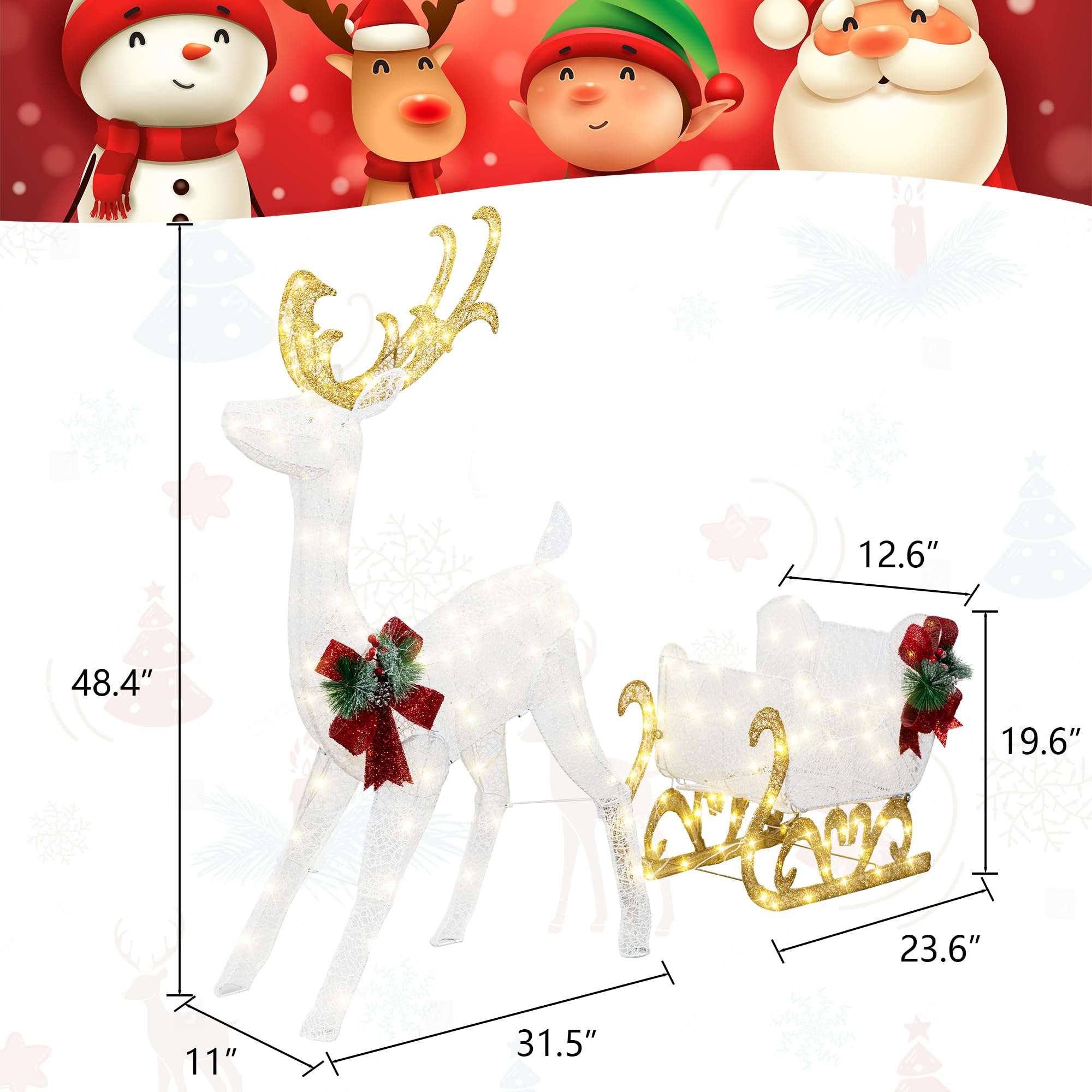 White Reindeer and Santa's Sleigh Christmas Decor with Pre-Strung LED Lights & Ground Stakes - Outdoor Holiday Yard Decoration for Festive Home Decor