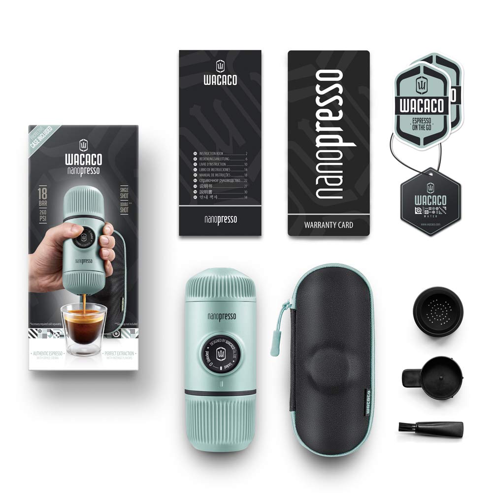 WACACO Nanopresso Portable Espresso Maker with Travel Case - Mini Handheld Coffee Machine for Camping, Hiking, Travel & Office Use - Compatible with Nespresso Pods & Ground Coffee (Arctic Blue) | Perfect Gift for Coffee Lovers & Outdoor Enthusiasts