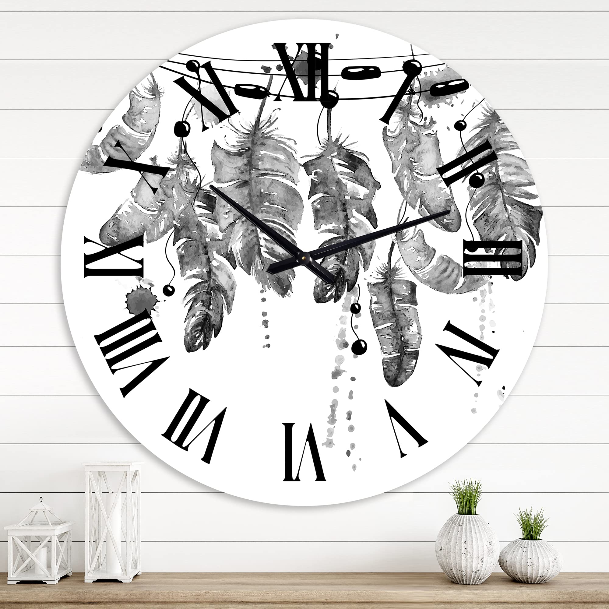 Bohemian Eclectic Wall Clock with Hanging Bird Feathers - Large Decorative Clock for Living Room, Bedroom & Office - Unique Home Decor Gift Idea