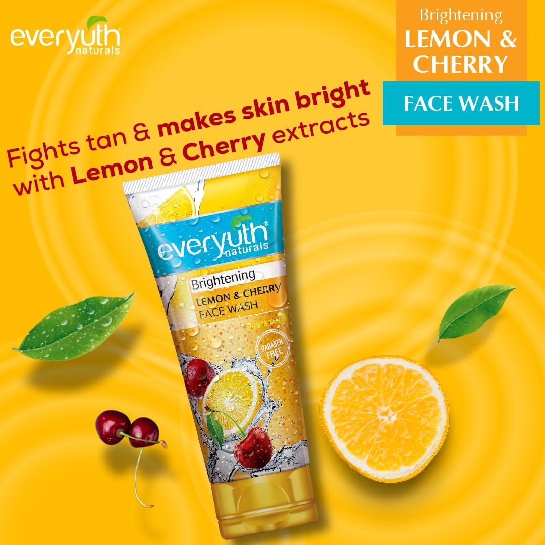 Everyuth Naturals Brightening Lemon & Cherry Face Wash - Deep Cleansing, Oil Control & Tan Reduction for All Skin Types | 100% Soapfree, Paraben Free | Removes Dirt & Oil | 150g (Pack of 2) | Perfect for Daily Skincare Routine & Summer Tan Removal