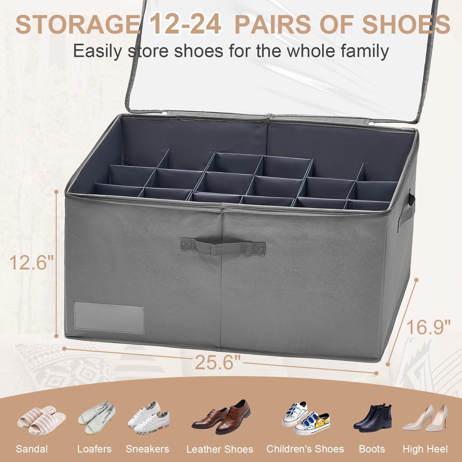 ASHLEYRIVER 24-Pair Shoe Organizer for Closet - Large Clear Lid Storage Box with Flexible Dividers, Foldable Space-Saving Shoe Cabinet in Dark Grey | Perfect for Bedroom, Entryway & Closet Organization