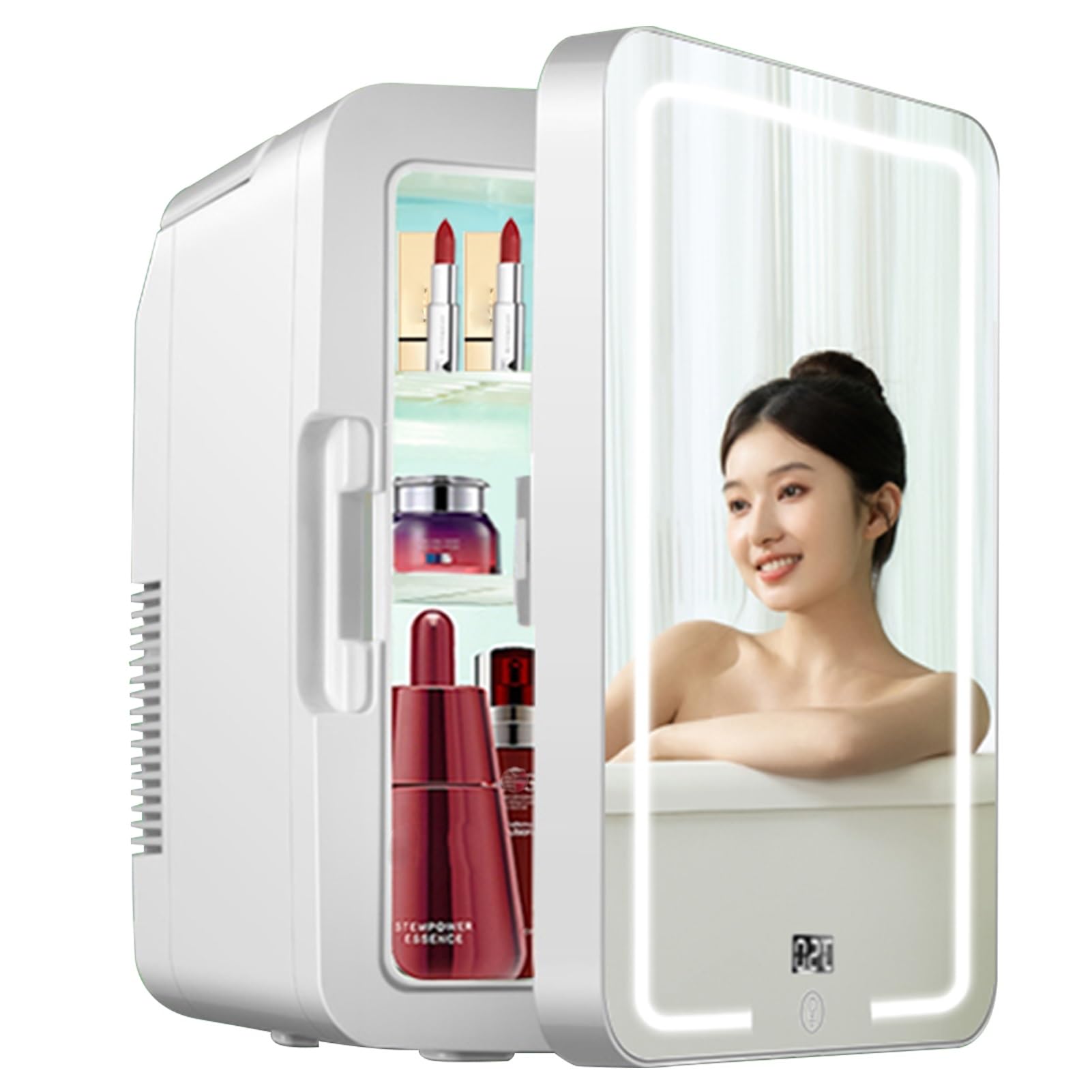 Mini Fridge with Mirror & LED Lights - 8L Portable Skincare Cooler for Cosmetics, Makeup, Beverages - Perfect for Bedroom, Beauty Salon, Dorm Room (White)