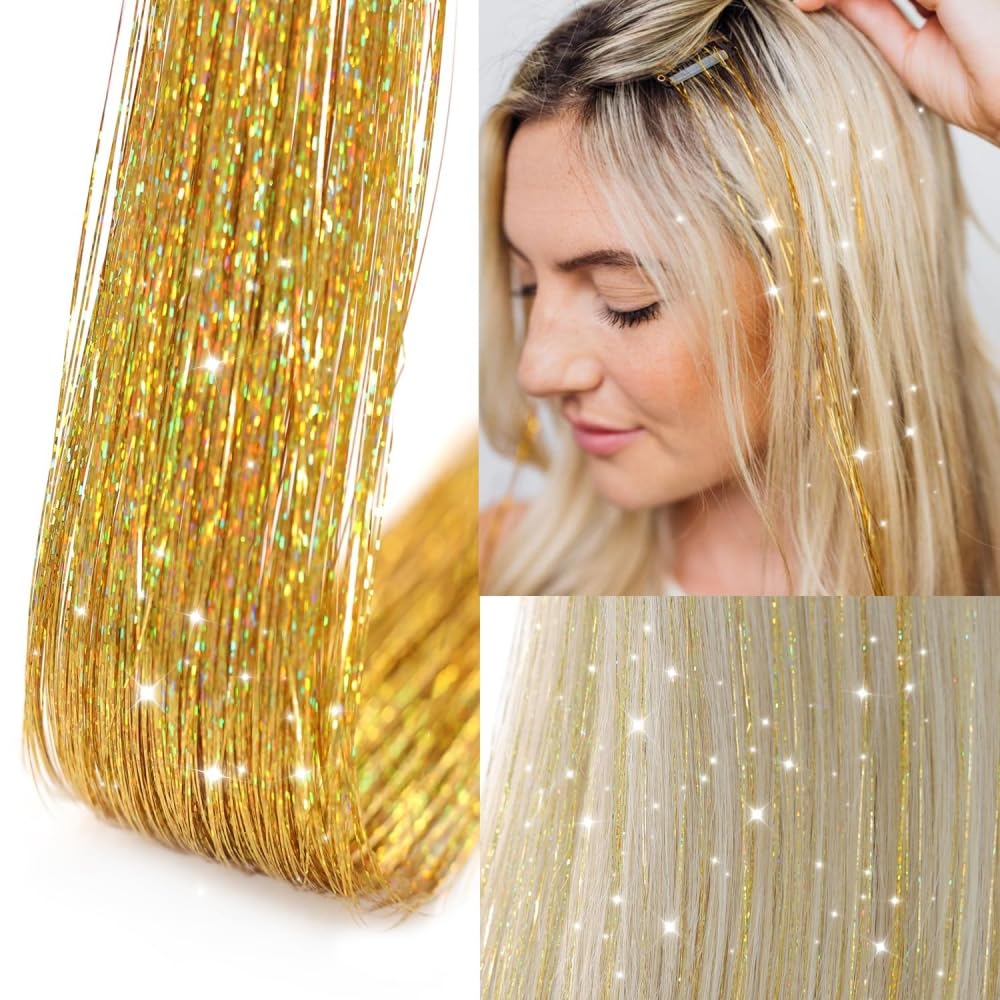 BowieMall 4-Piece Clip-In Hair Extension Kit with Glitter Tinsel - Heat Resistant Synthetic Hair Extensions for Women, Girls & Kids - Perfect for Parties, Festivals, Cosplay & Special Occasions