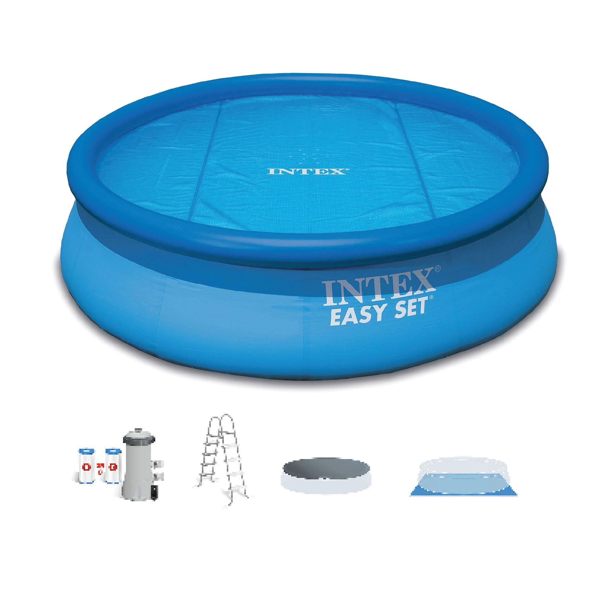 Intex 15ft x 48in Easy Set Above Ground Inflatable Swimming Pool with Filter Pump & Solar Cover - Perfect for Backyard Fun, Summer Parties, and Family Relaxation
