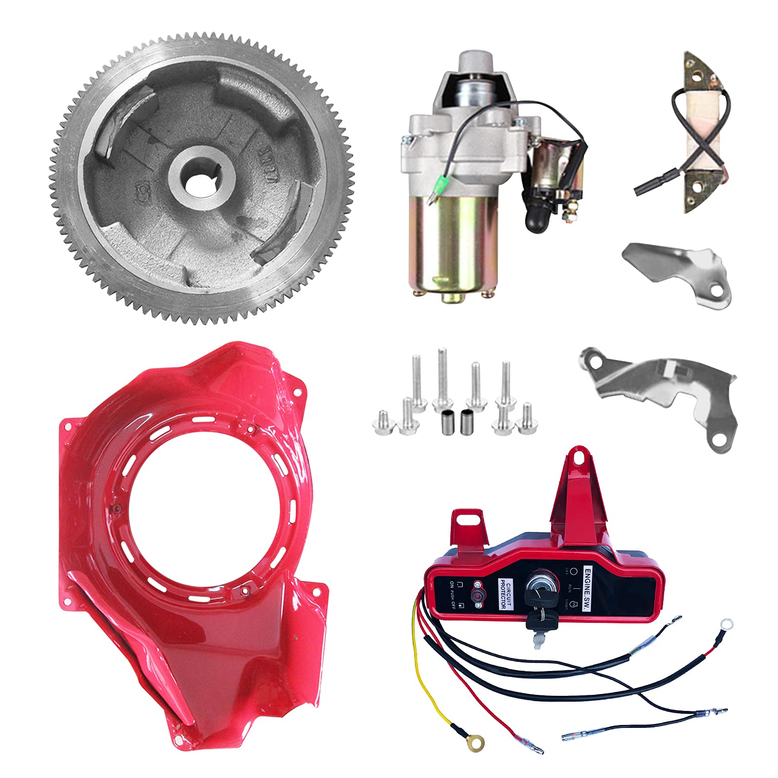Electric Start Conversion Kit for Honda GX160 GX200 5.5HP 6.5HP Engines - Starter Motor, Flywheel, Key Switch, Ignition Coil & Fan Cover - Perfect for Small Engine Repairs and DIY Upgrades