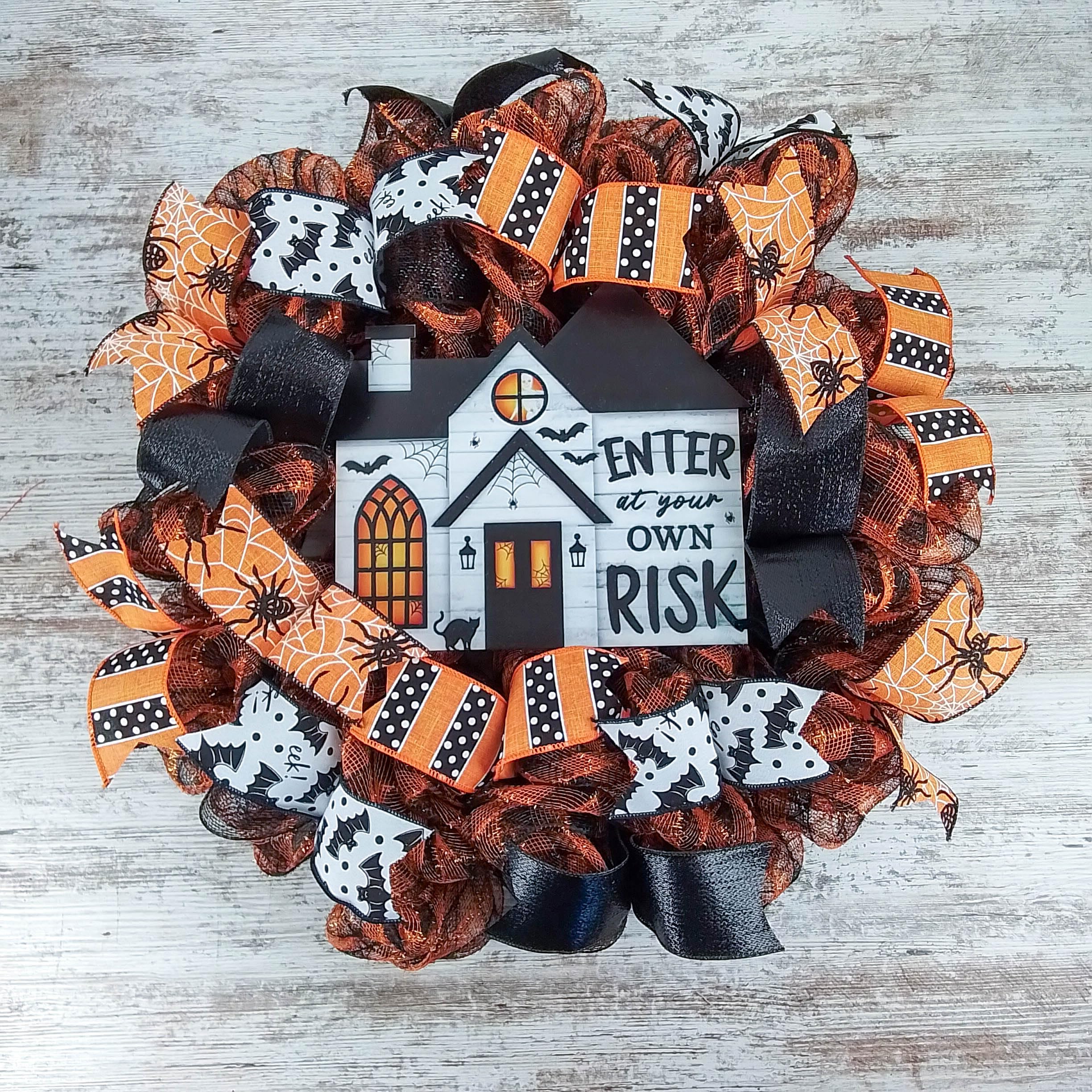 Spooky Halloween Wreath - Haunted House Door Decor with Orange Black White Stripes - Perfect for Front Door, Porch & Party Decorations