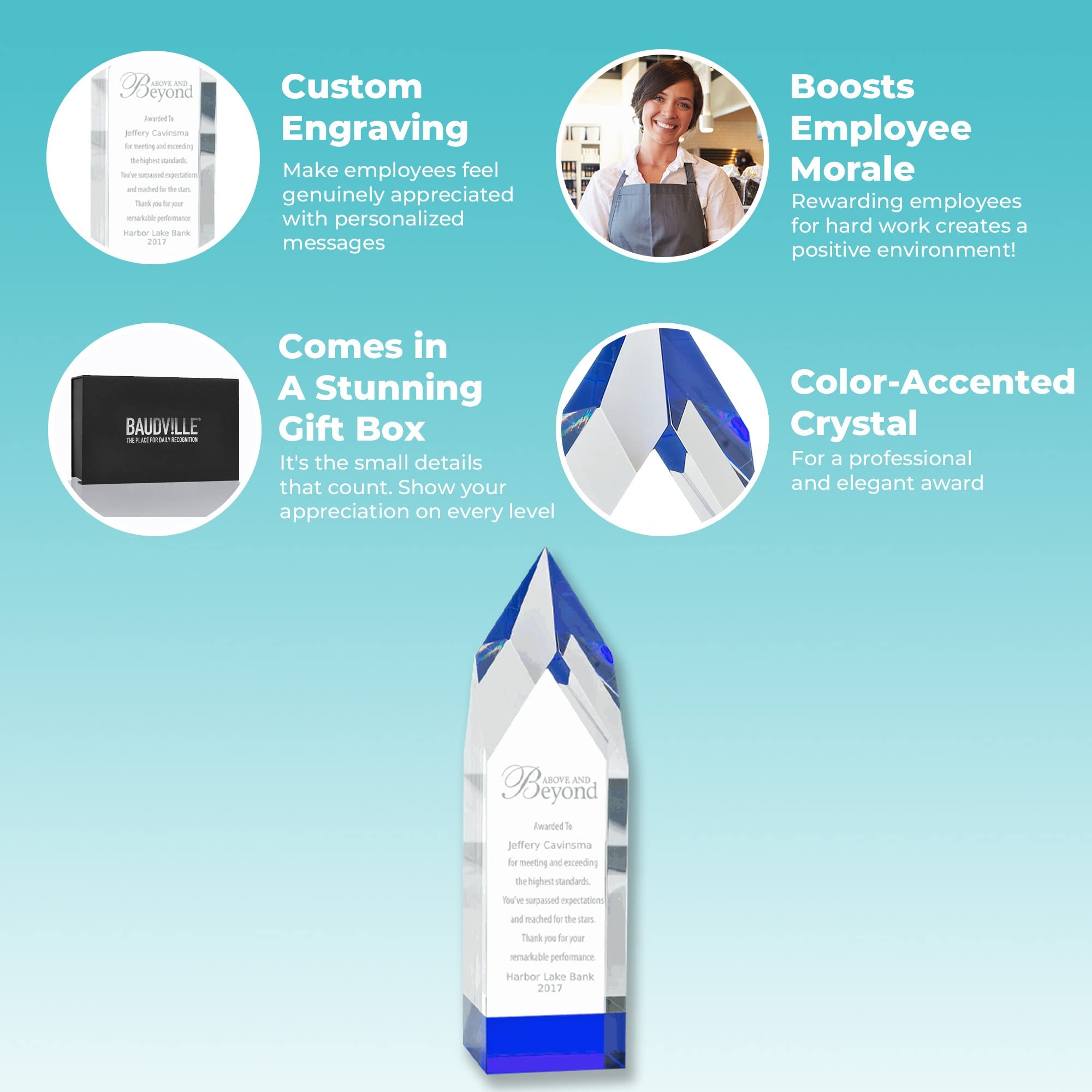 Baudville Custom Engraved Crystal Trophy with Blue Base - Personalized Employee Recognition Award - Elegant Gift Box Included | Perfect for Corporate Awards, Milestone Celebrations & Team Achievements