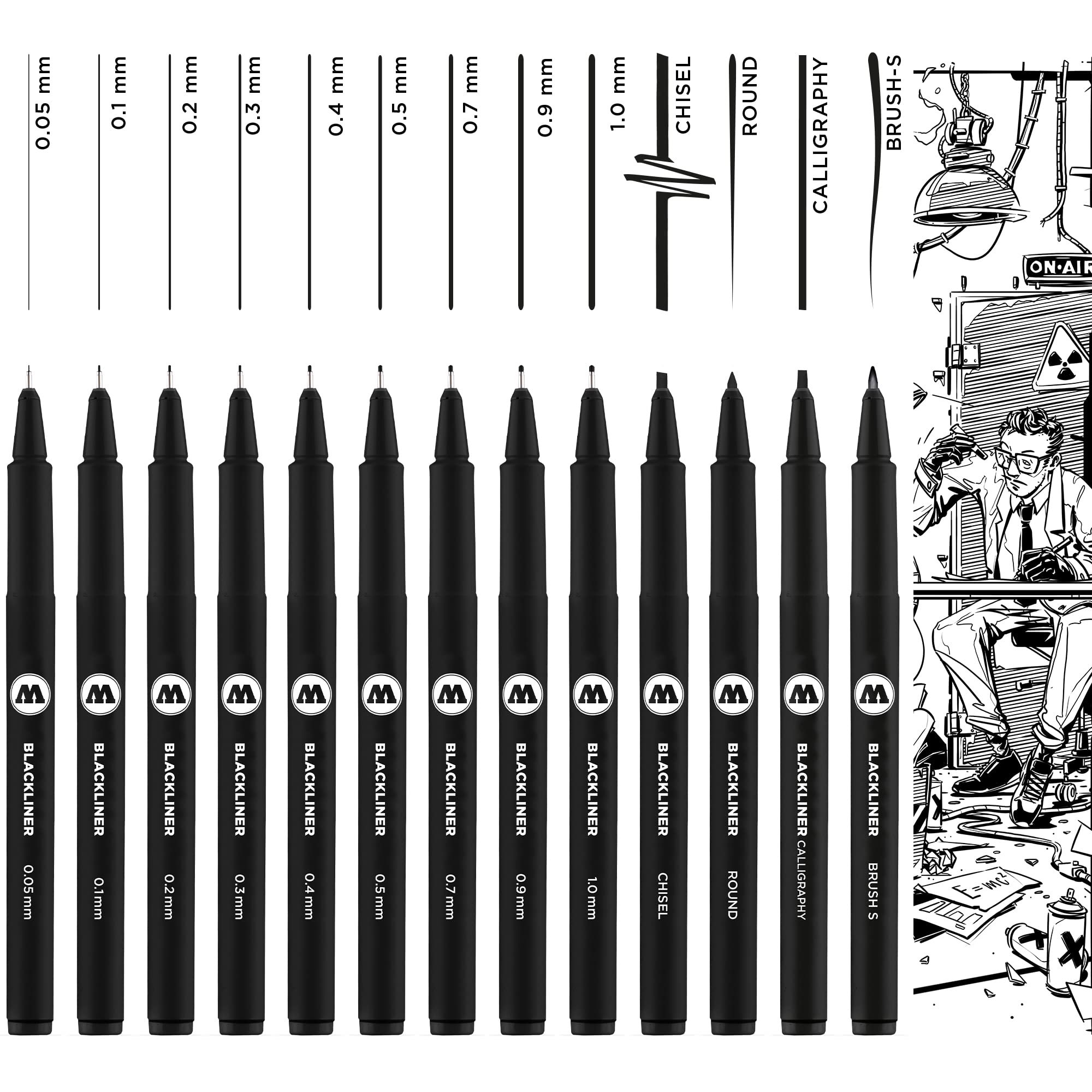 Molotow Blackliner Permanent Ink Pencils Set - 13 Pack with 0.05-1.0mm Fine Tip Markers & Protective Case - Ideal for Sketching, Calligraphy, Illustration & Graphic Design