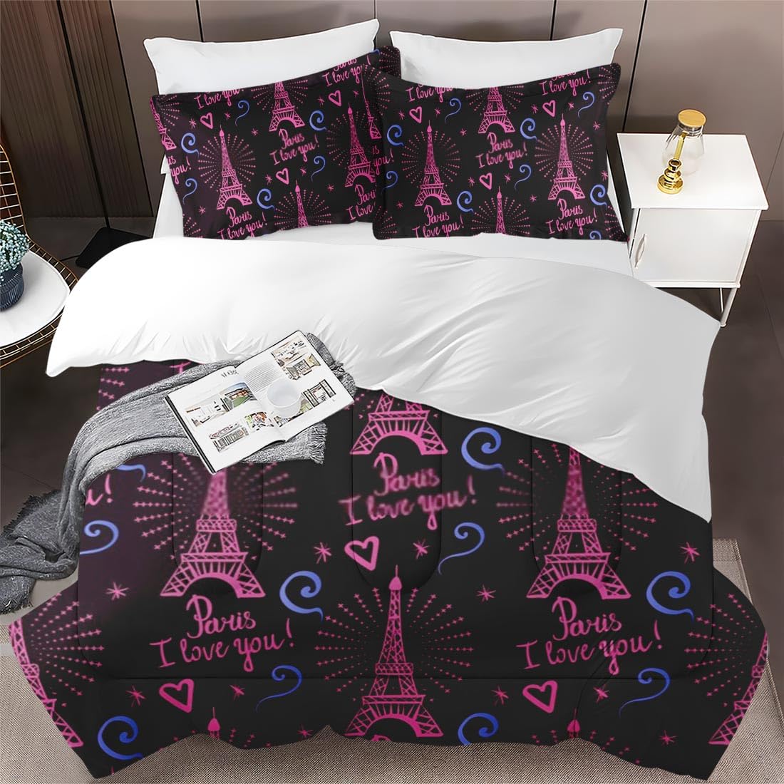 King Size Comforter Set - Paris I Love You Soft Bedding Collection for Kids & Adults, Eiffel Tower Design with 2 Pillowcases | Cozy Bedroom Decor for Guest Rooms, Kids' Rooms & Master Bedrooms