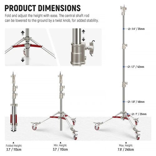 Neewer ST240SS 7.9' Stainless Steel Light Stand with Wheels - Professional Photography & Video Studio Equipment for Portrait, Product Shooting, and Live Streaming