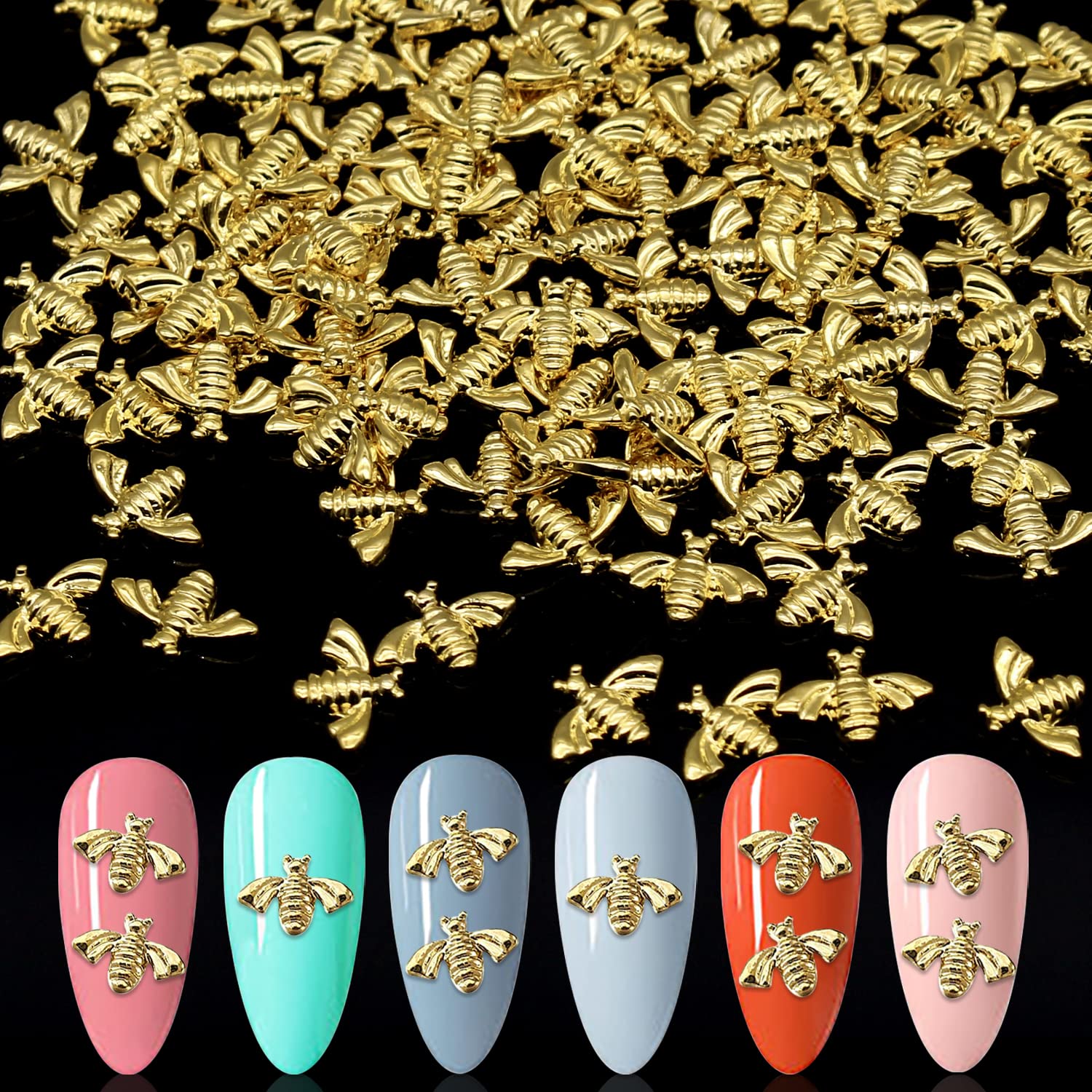 100pcs Gold Bee Nail Charms - 3D Metal Nail Art Studs for Acrylic Nails, Nail Jewelry Decorations - Perfect for DIY Nail Art, Manicures, and Professional Salon Designs