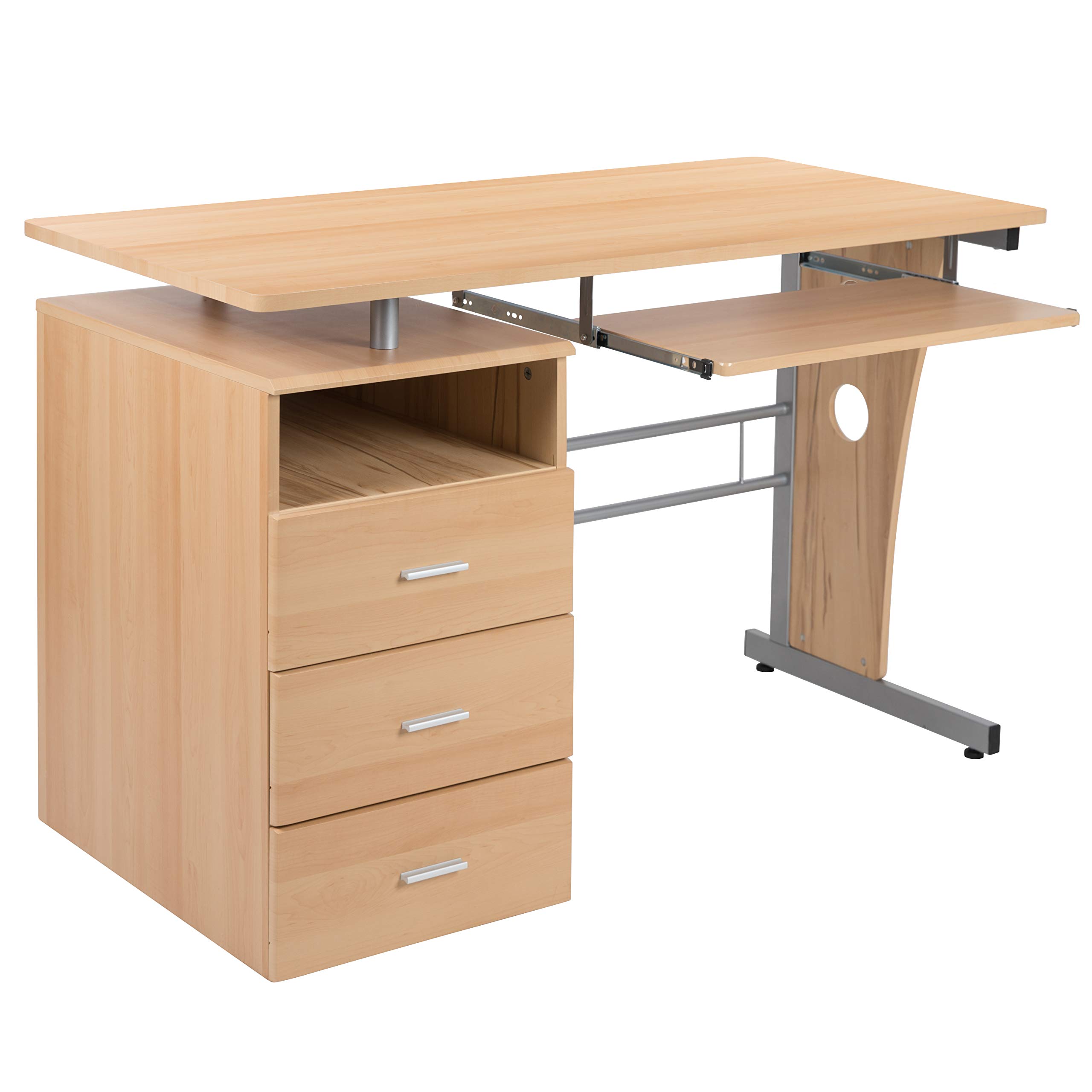 Solid Maple Wood Desk with 3 Drawers, Single Pedestal & Pull-Out Keyboard Tray - Perfect for Home Office, Study Room or Small Workspace