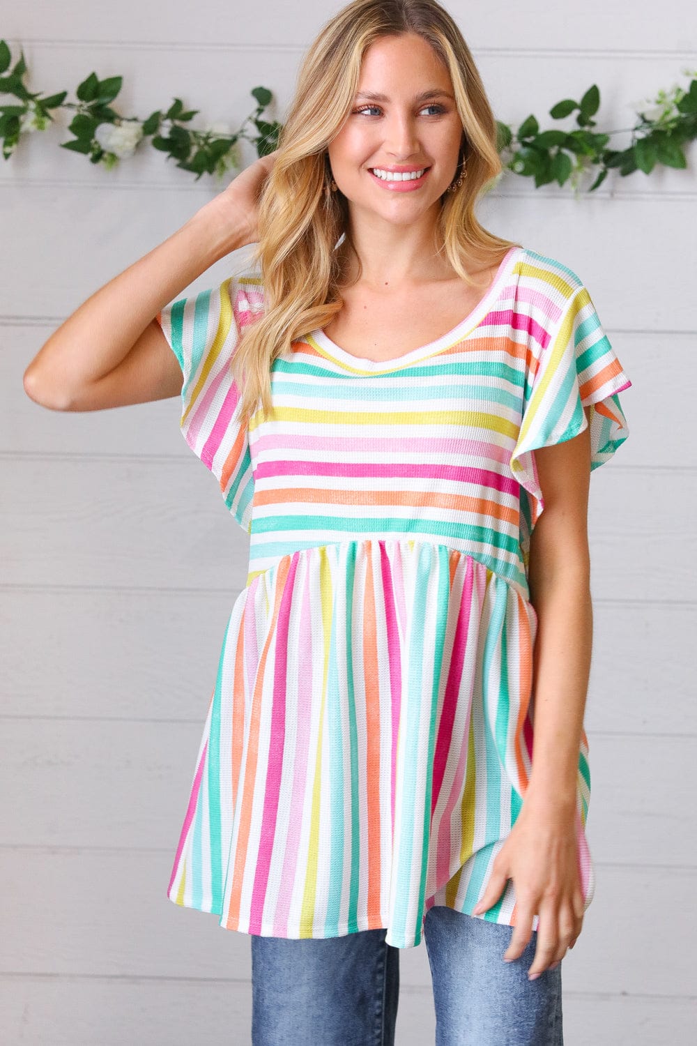 Lavender Rainbow Stripe Babydoll Top - Cute Flowy Summer Crop Top for Women, Perfect for Beach, Music Festivals & Date Nights