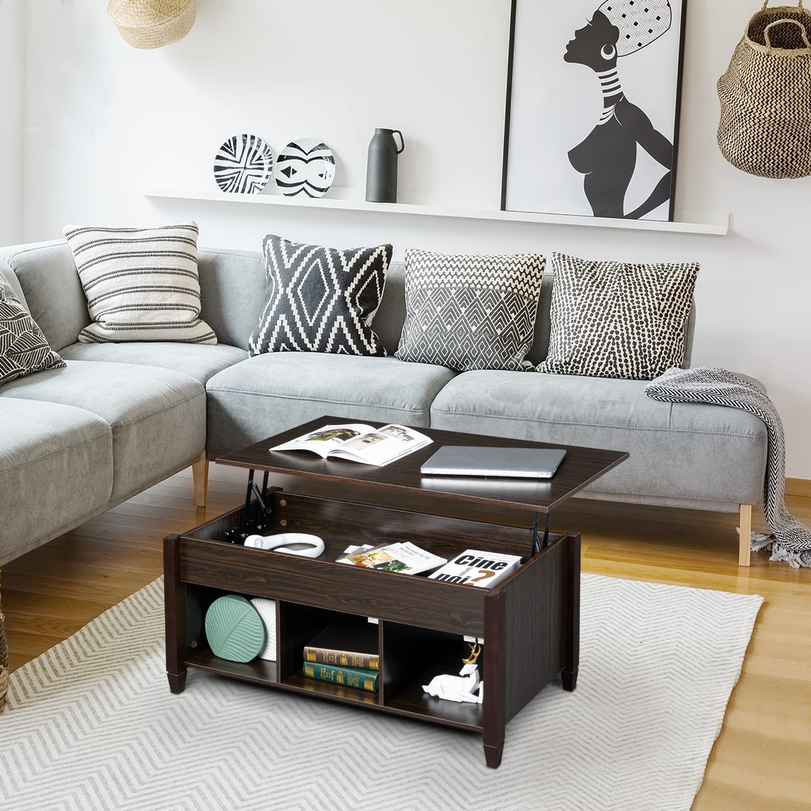 Lift Top Coffee Table with Hidden Storage - Modern Adjustable Wooden Center Table with 3 Cube Open Shelves, Raisable Top for Living Room, Bedroom, Office - Espresso Brown