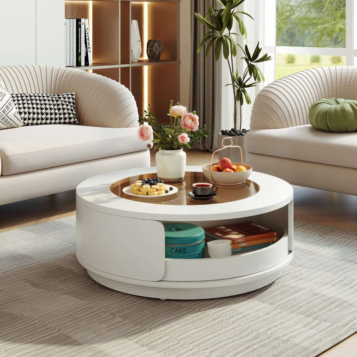 Luxury Modern Glass Top Round Coffee Table with Storage Drawers - Perfect for Living Room, Office & Lounge Decor