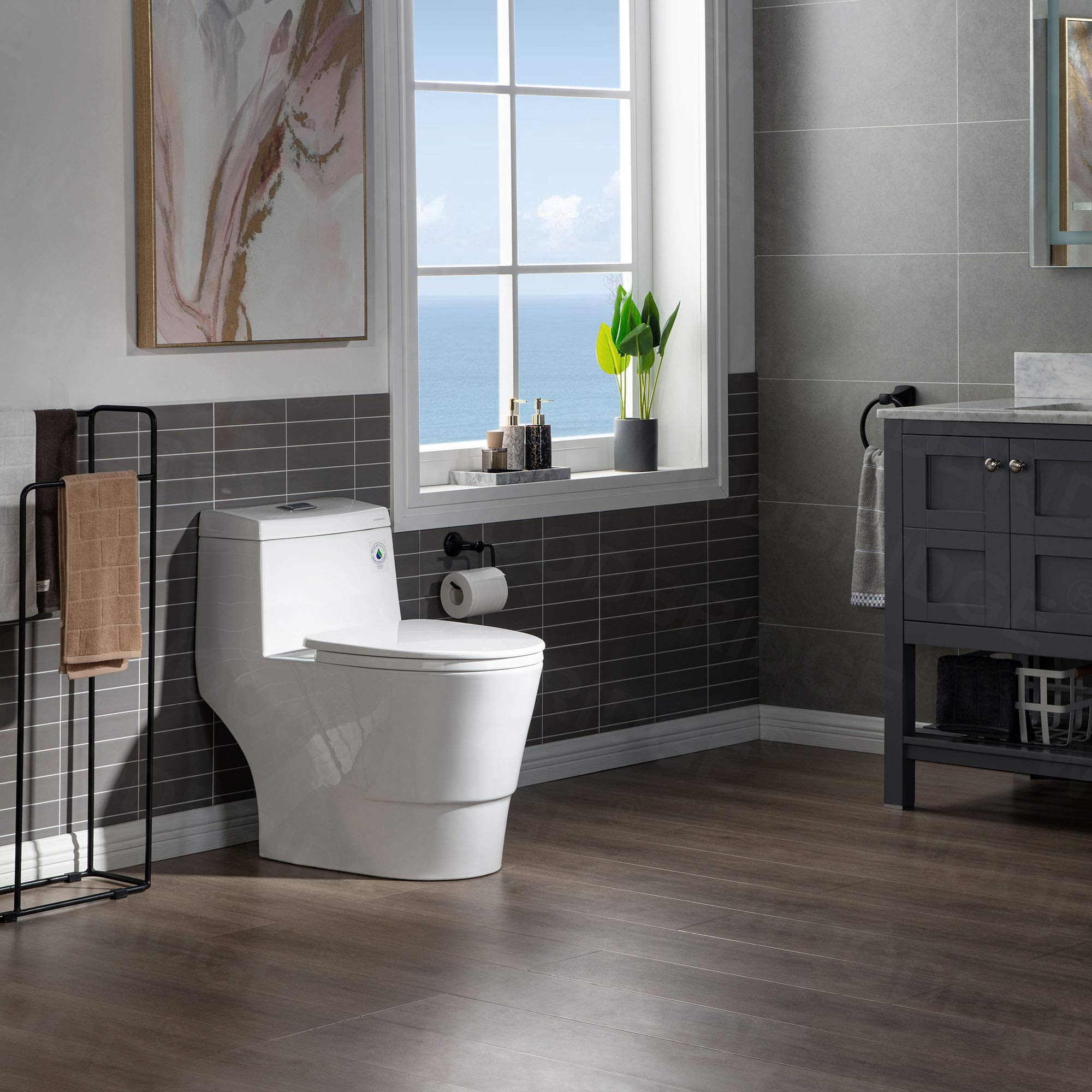 WOODBRIDGEE One Piece Toilet with Soft-Close Seat - Chair Height ADA Comfort, 1.28 GPF Dual Flush Water-Saving Design, 1000g MaP Flushing Power with Chrome Push Button (Model T0001-CH, White) - Perfect for Modern Bathrooms & Water-Efficient Homes