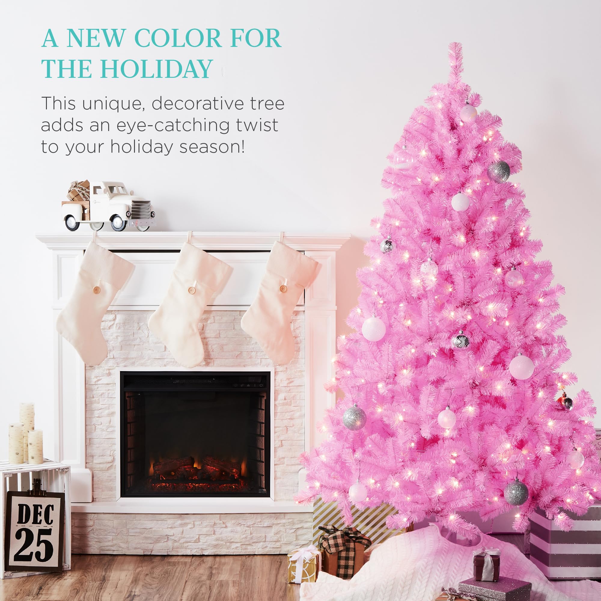 Best Choice Products 6ft Pre-Lit Pink Artificial Christmas Tree with 250 LED Lights - 947 Branch Tips, Metal Hinges & Foldable Base - Perfect for Home, Office, Party & Holiday Decorations