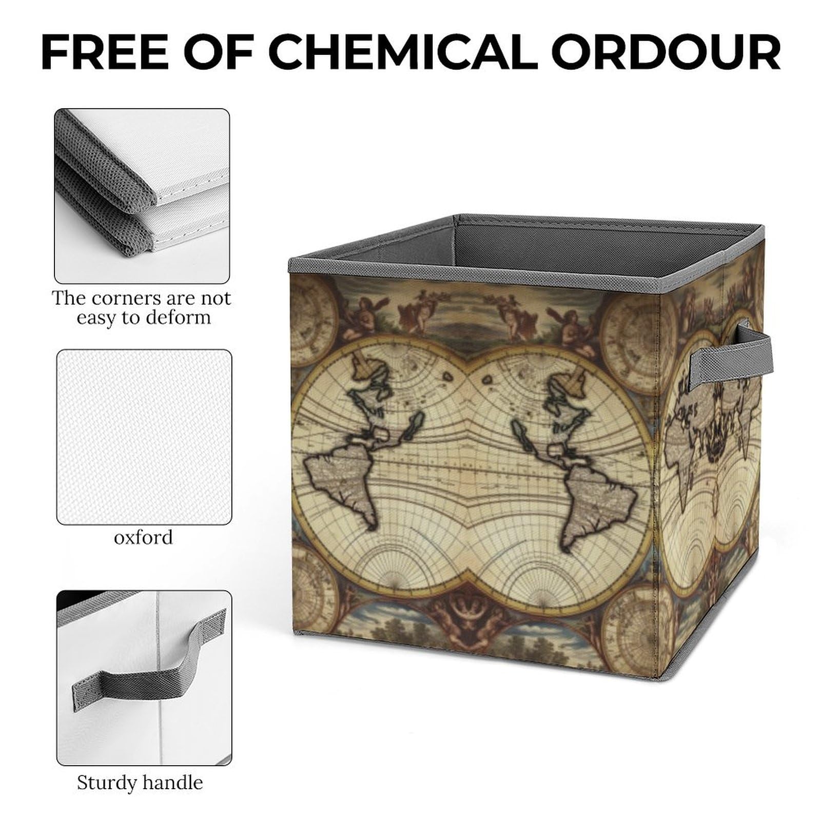 Collapsible Storage Cubes with Handles - 10.6×10.6 Inch Foldable Fabric Bins with Ancient World Map Print for Home Organization | Perfect for Closet, Nursery, Office & Toy Storage