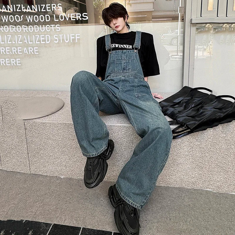 Men's Denim Overalls - American Style Washed Patchwork Straight Wide Leg Jeans for Men | Trendy Spring Outfit | Perfect for Casual Wear, Work & Outdoor Activities