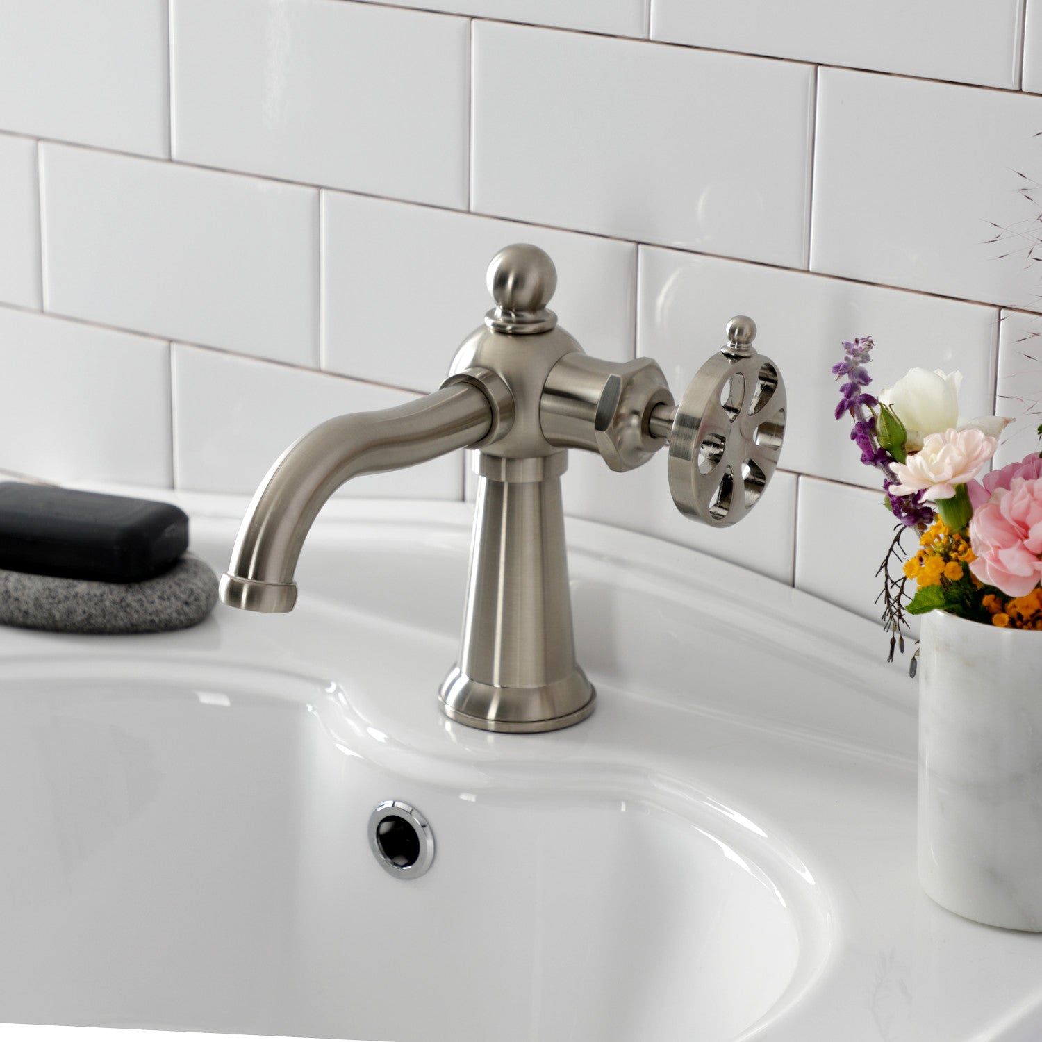 Belknap KS3548RX Single Handle 1-Hole Bathroom Sink Faucet with Push Pop-Up Drain, Brushed Nickel Finish - Perfect for Modern Vanities and Small Bathroom Spaces