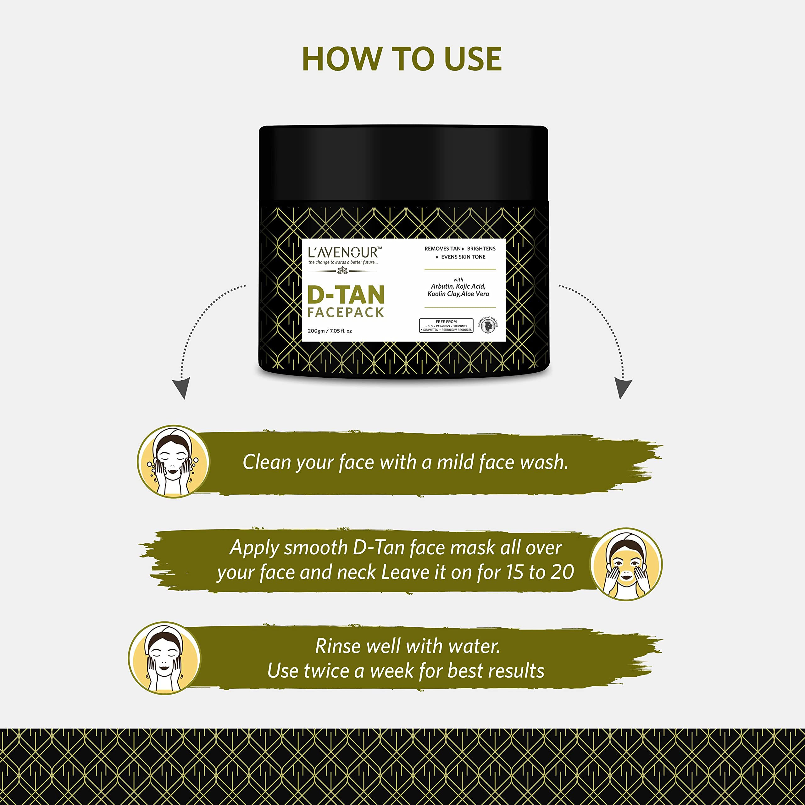 L'avenour D-Tan Face Pack with Aloe Vera, Kaolin Clay & Arbutin - Skin Brightening, Tan Removal & Tone Evening Treatment for All Skin Types (200g) | Perfect for Post-Sun Care, Daily Glow & Radiant Complexion