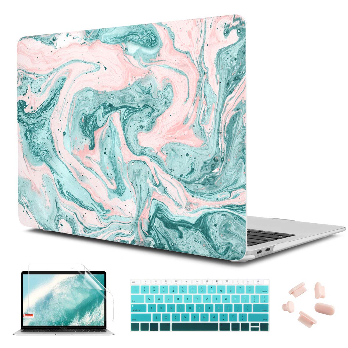 CiSoo Marble Hard Case for MacBook Air 13 Inch (2020/2019/2018 Models A2337 M1 A1932 A2179) - Protective Shell with Keyboard Cover & Touch ID Compatibility, Clear Green Marble Design - Perfect for Work, Travel & School Use