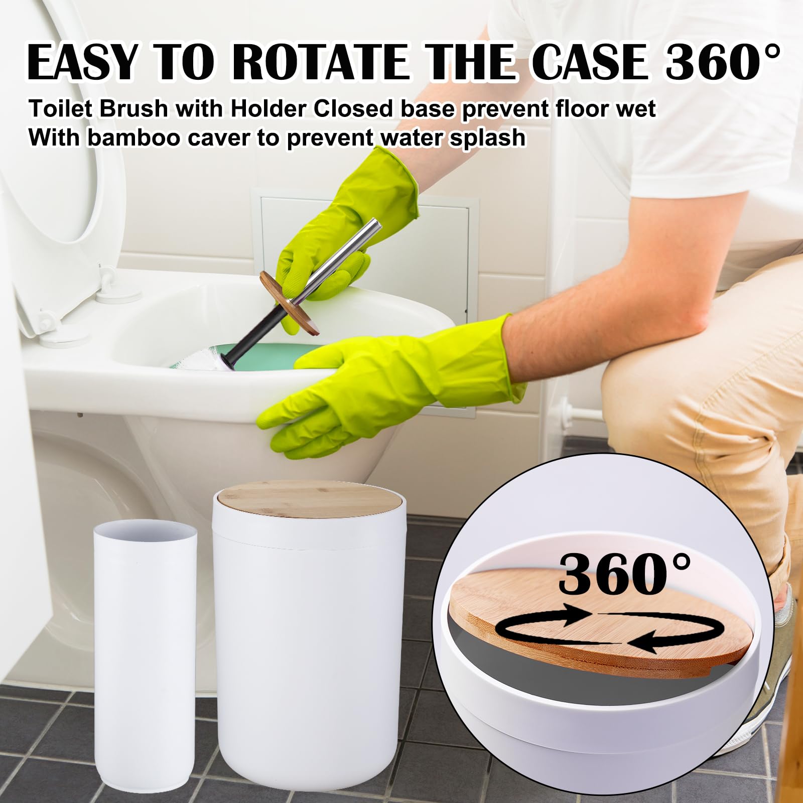 Premium 8-Piece Bathroom Accessories Set - Wooden Trash Can, Toilet Brush, Toothbrush Holder, Soap Dispenser, Soap Dish, Toothbrush Cup & Q-Tip Holder (White Wood Cover) - Perfect for Modern Bathrooms, Guest Suites & Spa-Style Decor