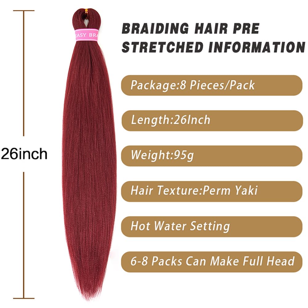 AQINBEL 26 Inch Pre-Stretched Braiding Hair - 8 Bundles Itch-Free Crochet Twist Hair for Women, Yaki Texture Burgundy Braiding Hair Extensions (900#) - Perfect for Box Braids, Cornrows & Protective Styles