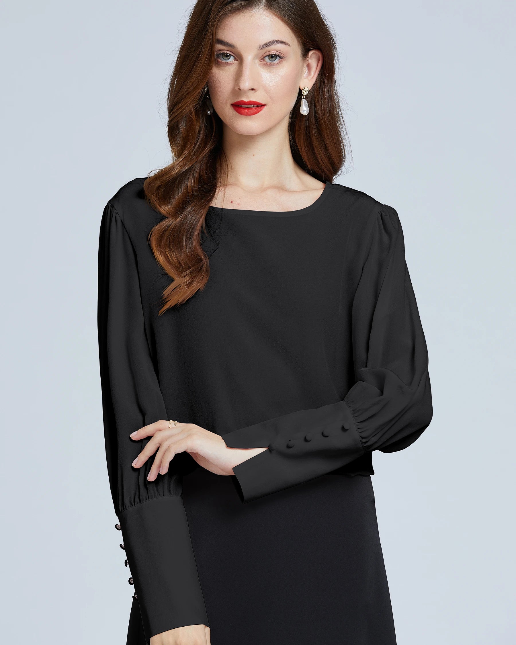 Women's Silk Blouse with Round Neck & Lantern Sleeves - Elegant Casual & Office Wear for Women
