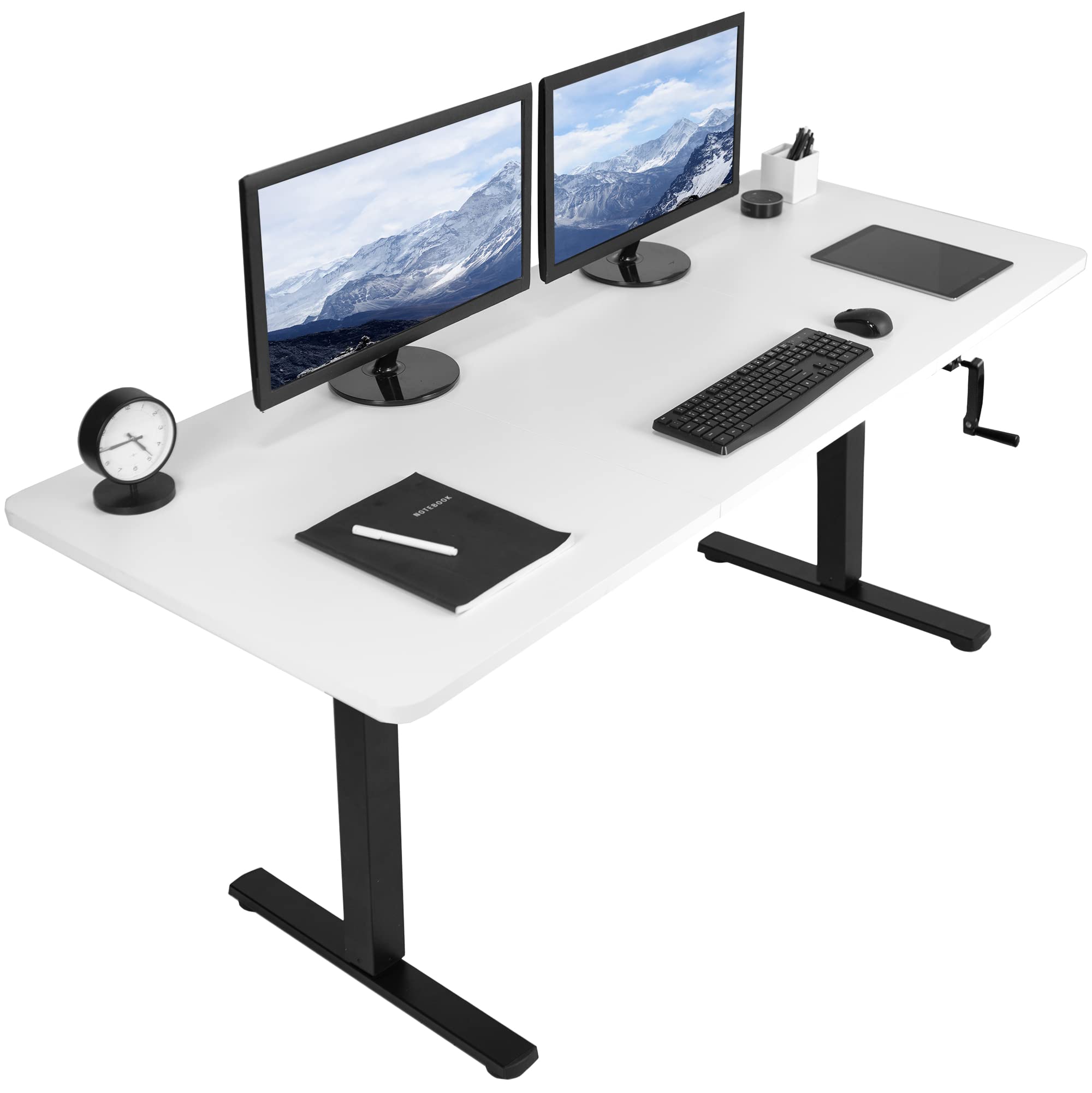VIVO Height Adjustable Standing Desk 71 x 30 Inches, White Tabletop with Black Frame, Manual Crank Handle, Foldable Workstation - Perfect for Home Office, Study Room & Small Spaces