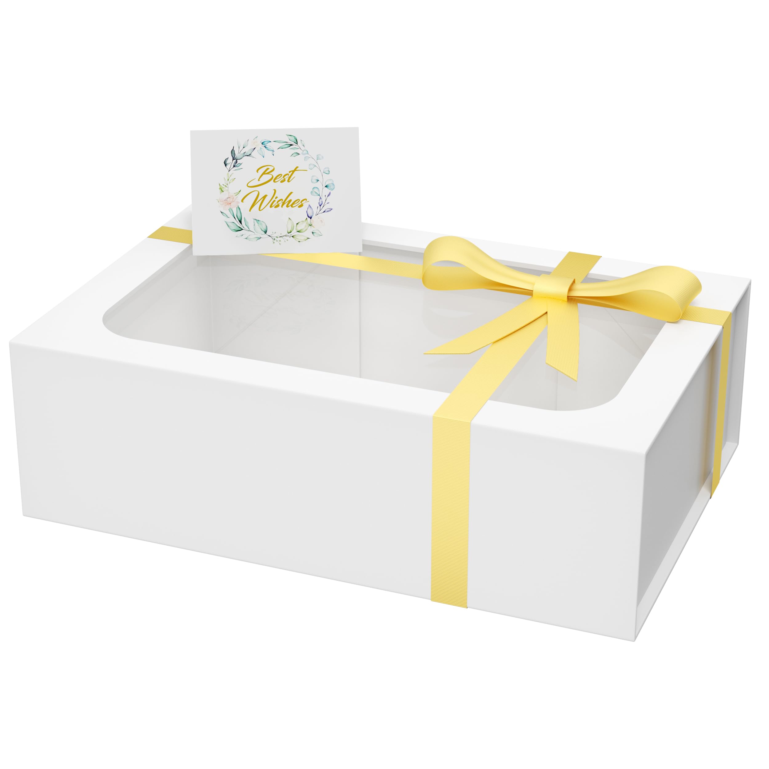 Large White Gift Box with Window - 13.5x9x4.3 Inches Magnetic Lid Collapsible Present Box for Bridesmaid Proposal, Wedding, Birthday, Christmas - Includes Card & Ribbon - Perfect for Party Favors, Holiday Gifts and Special Occasions