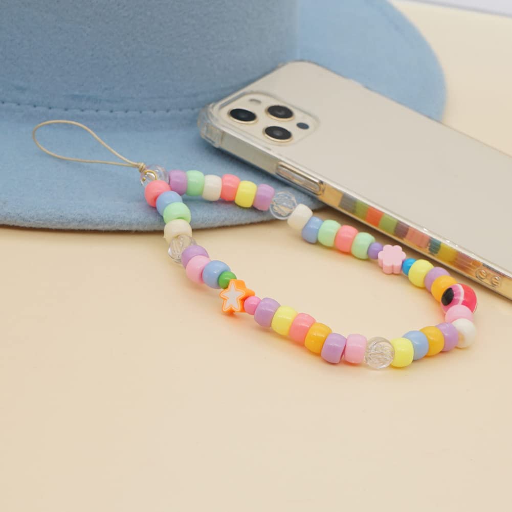 Kawaii Smiley Face Star Beaded Phone Lanyard Wrist Strap - Rainbow Acrylic Polymer Clay Pearl Phone Chain - Cute Phone Charm Keychain for Women & Girls - Perfect for iPhone, Samsung, Keys & Bag Decorations