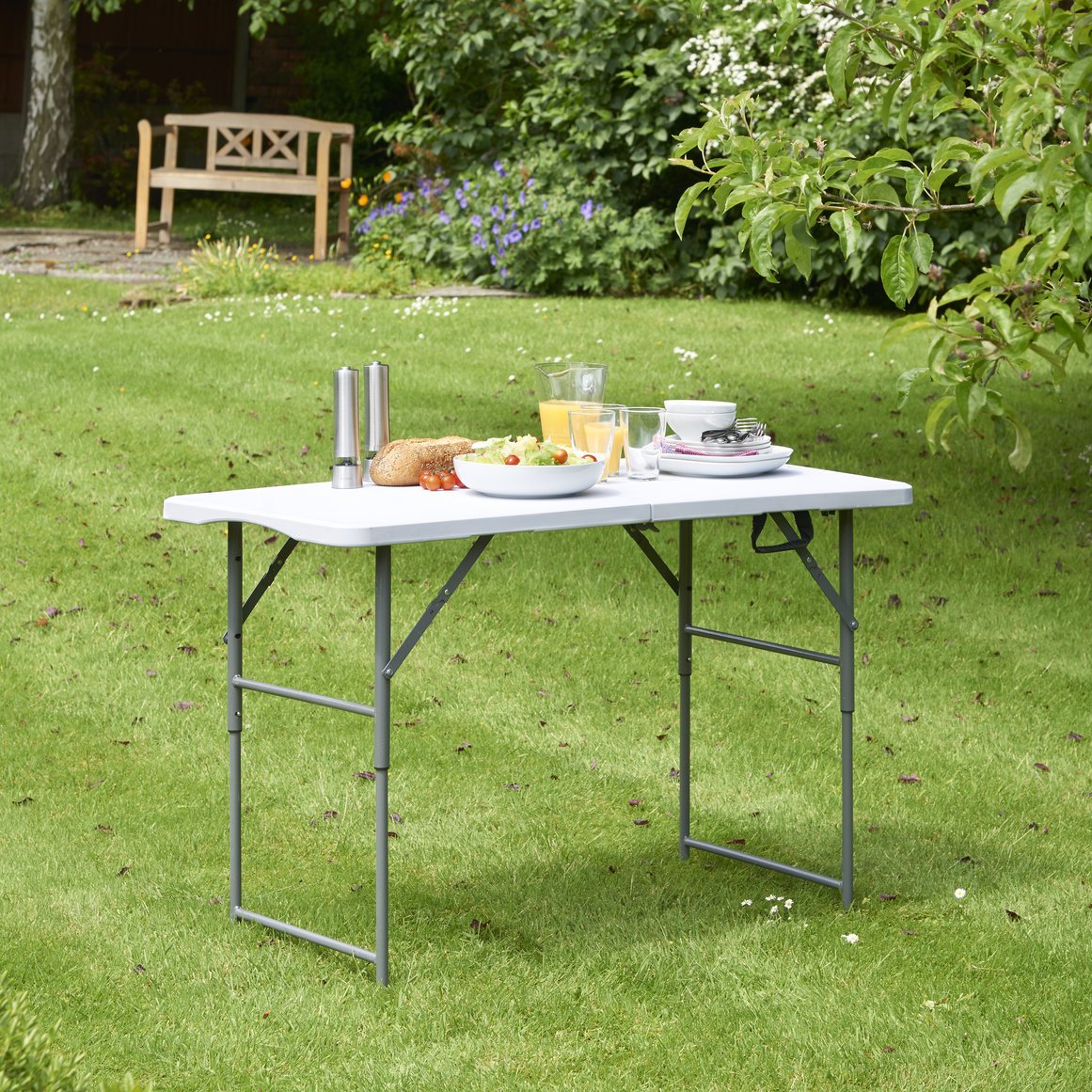 VonHaus 4ft Folding Table with Adjustable Height - Portable Picnic, Camping, BBQ & Tailgate Table - 440lbs Weight Capacity - Coated Steel & Durable Plastic - Perfect for Outdoor, Garden, Beach & Home Use
