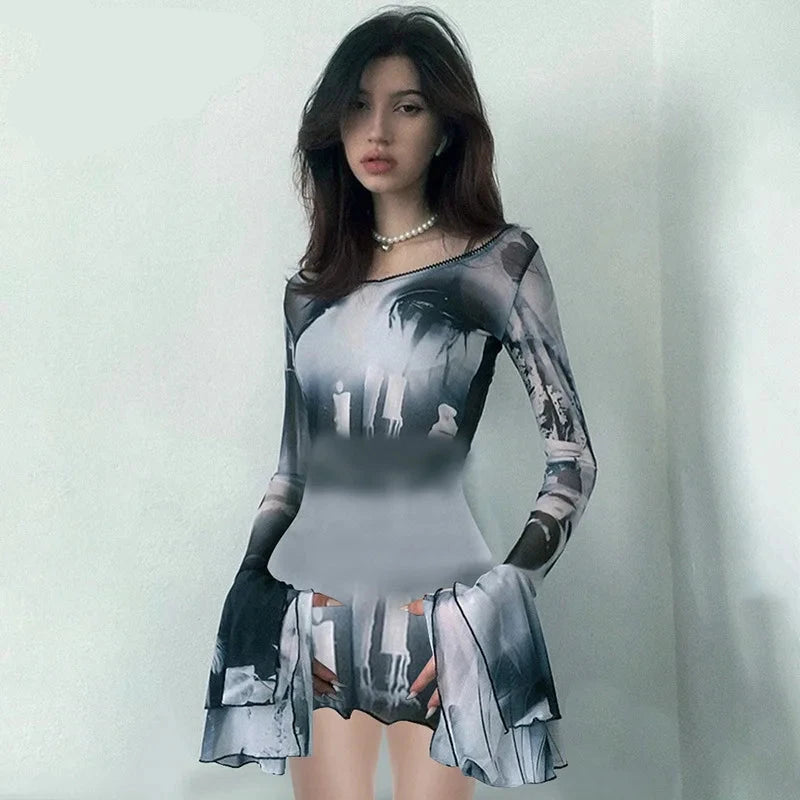 Abstract Printed Mesh Dress - Transparent Flared Long Sleeve Y2K Streetwear for Women | Clubwear, Festival Outfit, Night Out Fashion