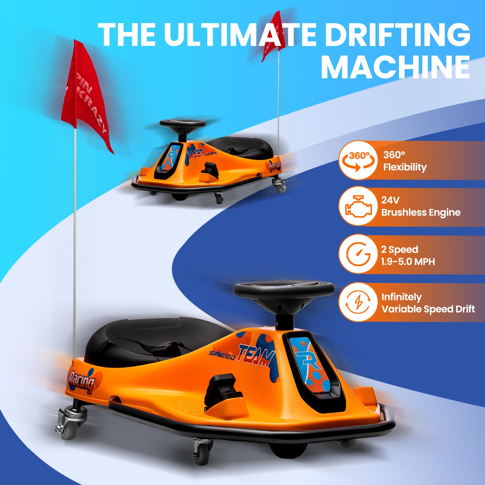 24V Kids Electric Drift Go-Kart with 7Ah Battery - 360° Rotating Drift System, Adjustable Speed & LED Lights - Perfect for Outdoor Play, Birthday Gifts & Backyard Racing (Orange)