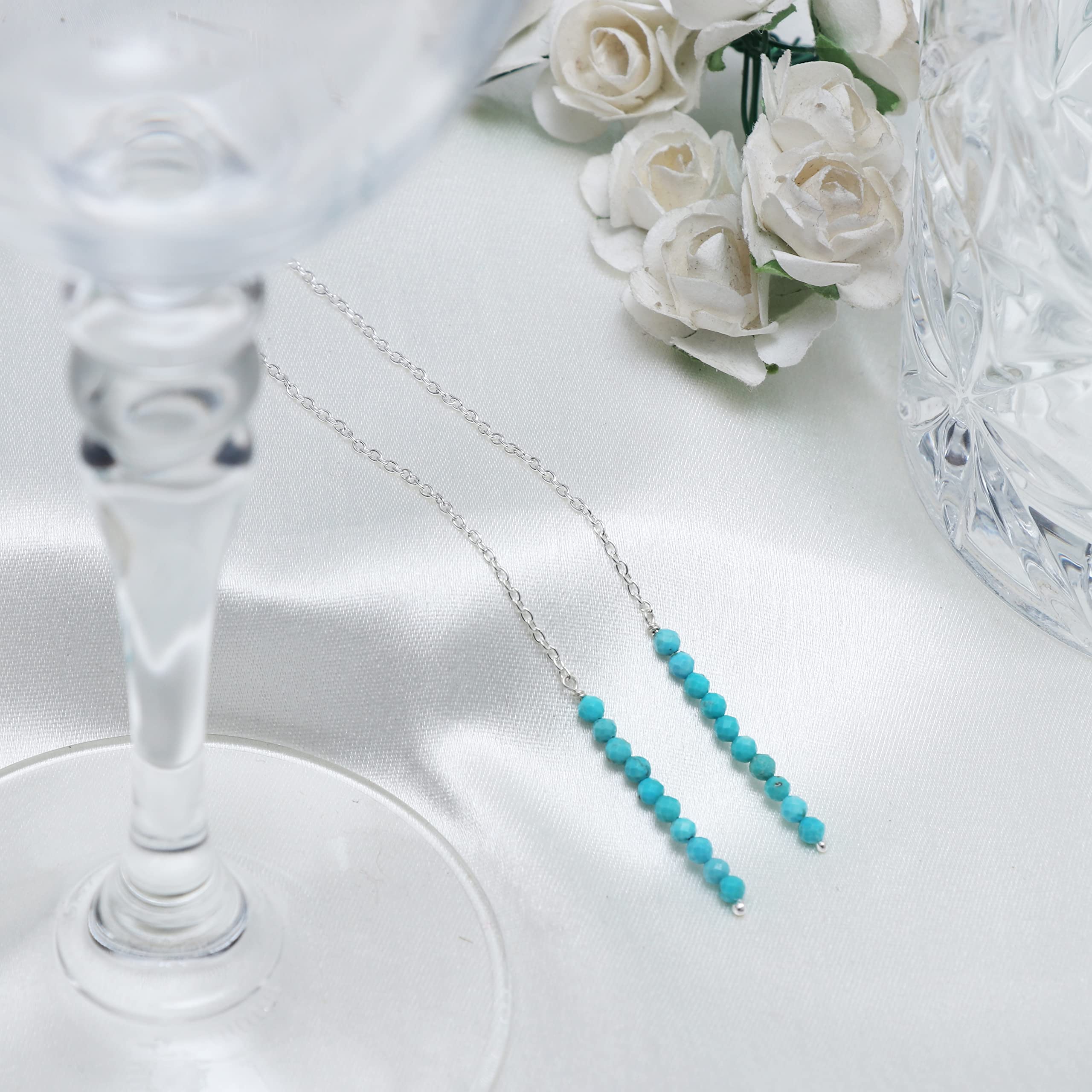 Real Turquoise Threader Earrings for Women - Adjustable Dangle Drop Earrings, Sterling Silver Chic Jewelry, December Birthstone Gift - Perfect for Second Ear Piercing, Special Occasions & Everyday Wear