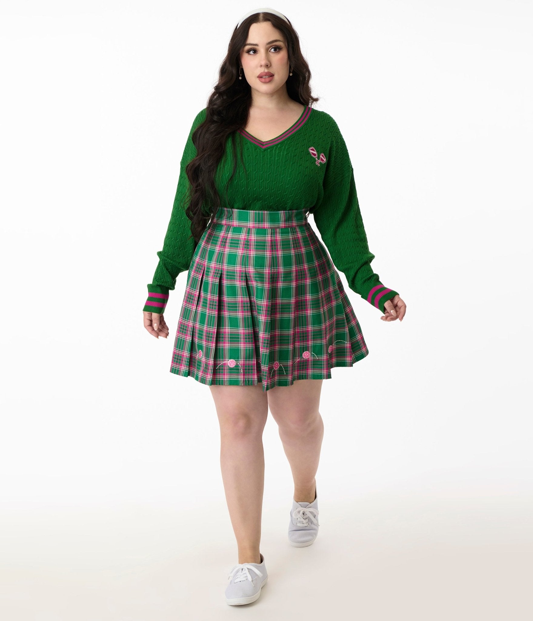 Smak Parlour Plus Size Pink & Green Plaid Pickleball Pleated Mini Skirt - Women's Athletic Tennis Skirt for Pickleball, Tennis & Casual Wear