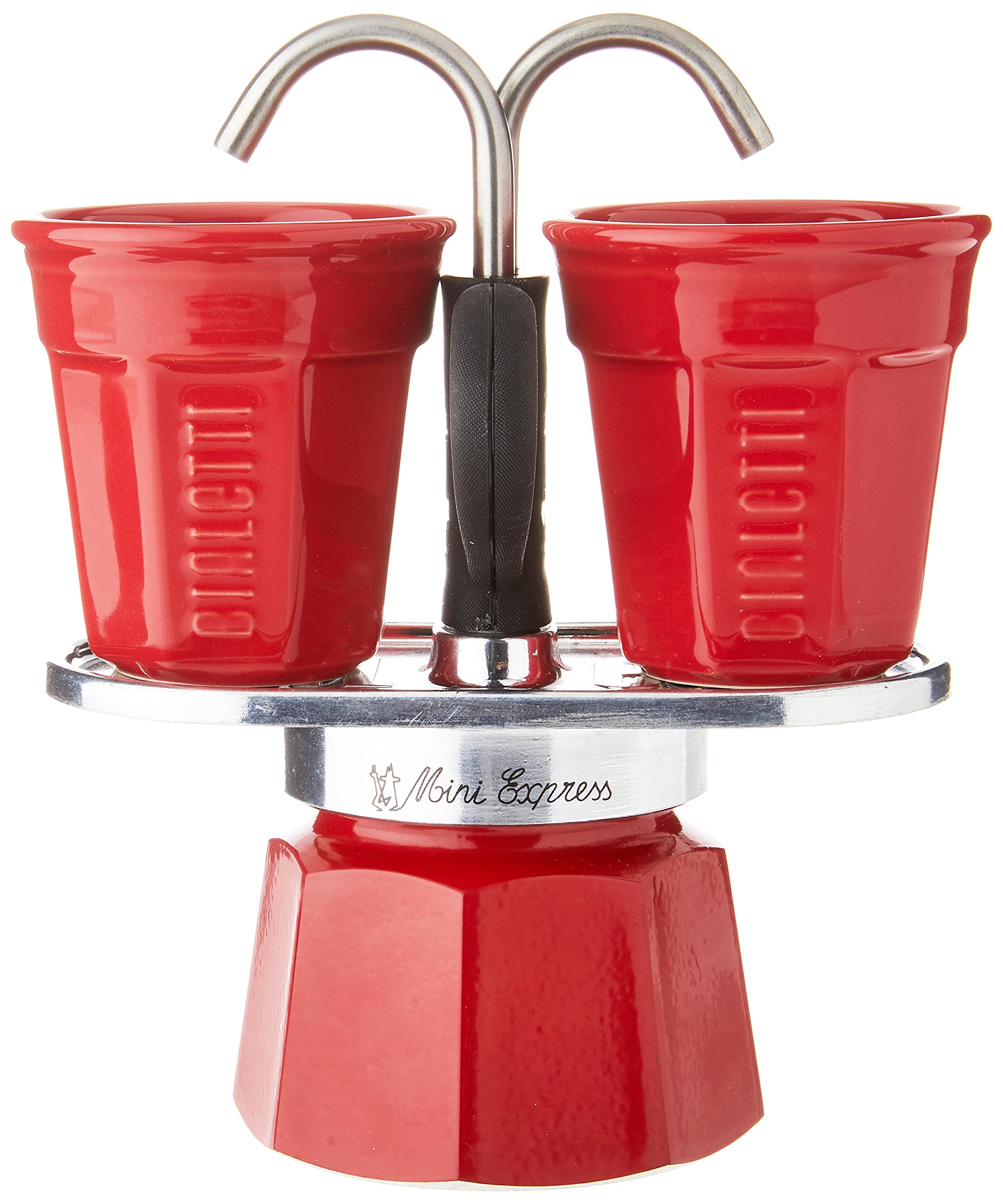 Bialetti Mini Express 2-Cup Moka Pot Coffee Maker with 2 Shot Glasses - Red Aluminum Stovetop Espresso Maker for Home & Office Use