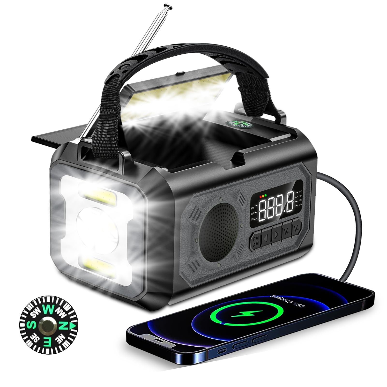 12000mAh Solar Powered Emergency Weather Radio with NOAA Alerts - AM/FM/NOAA Weather Band, SOS Alarm, Flashlight, Phone Charger & Compass - Perfect for Outdoor Camping, Hiking and Emergency Preparedness