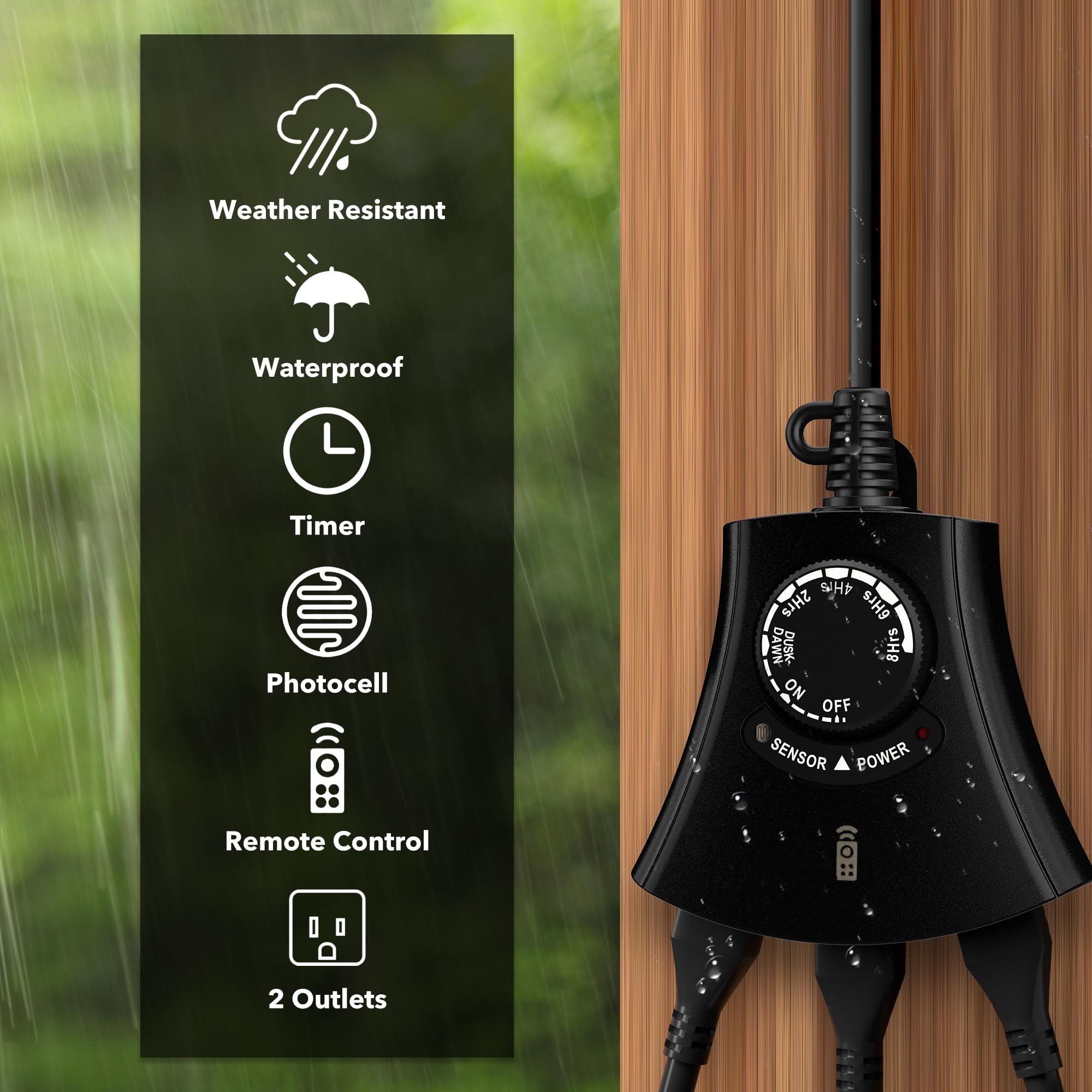 HBN Outdoor Light Timer - Waterproof & Weatherproof Photocell Dusk to Dawn Sensor with Remote Control, 2/4/6/8 Hour Countdown Timer, 3 Grounded Outlets (1875W 15A 1/2HP) - Perfect for Christmas Lights, Landscape Lighting & Holiday Decorations