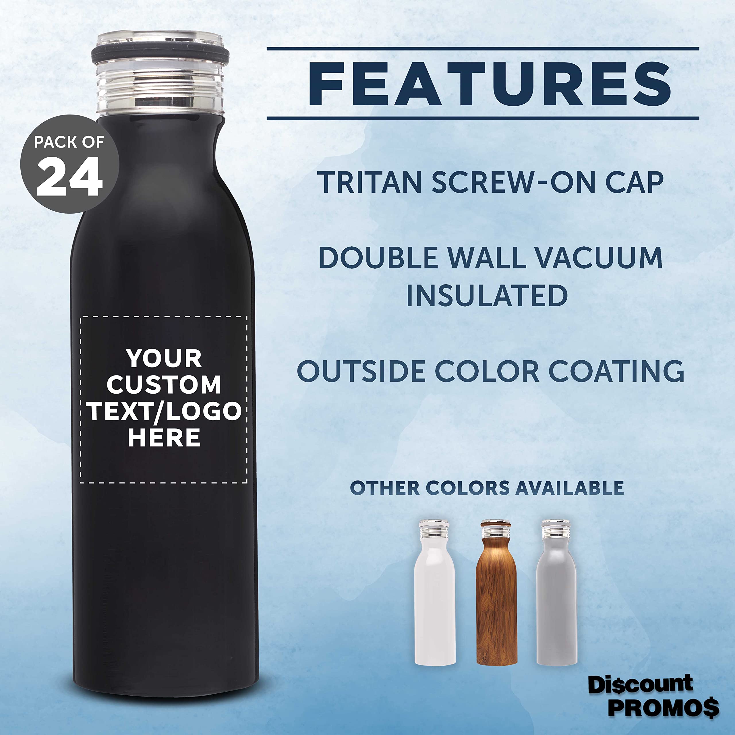 Echo 20 oz Custom Stainless Steel Water Bottles - Double Wall Insulated Bulk Pack of 24 - Personalized Black Drinkware for Coffee, Soda, Hot & Cold Beverages - Perfect for Office, Gym, Camping & Outdoor Activities