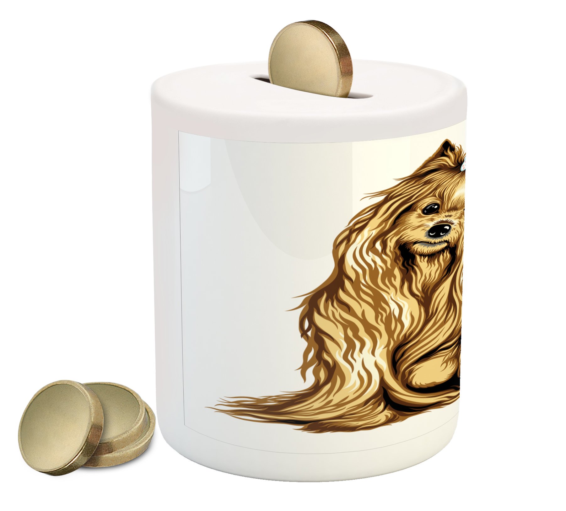 Ambesonne Ceramic Piggy Bank - Realistic Long Haired Yorkie Dog Design with Mild Expression, Money Saving Coin Bank for Cash & Coins | Perfect Gift for Dog Lovers, Kids Room Decor & Home Savings Jar (Mustard Black)