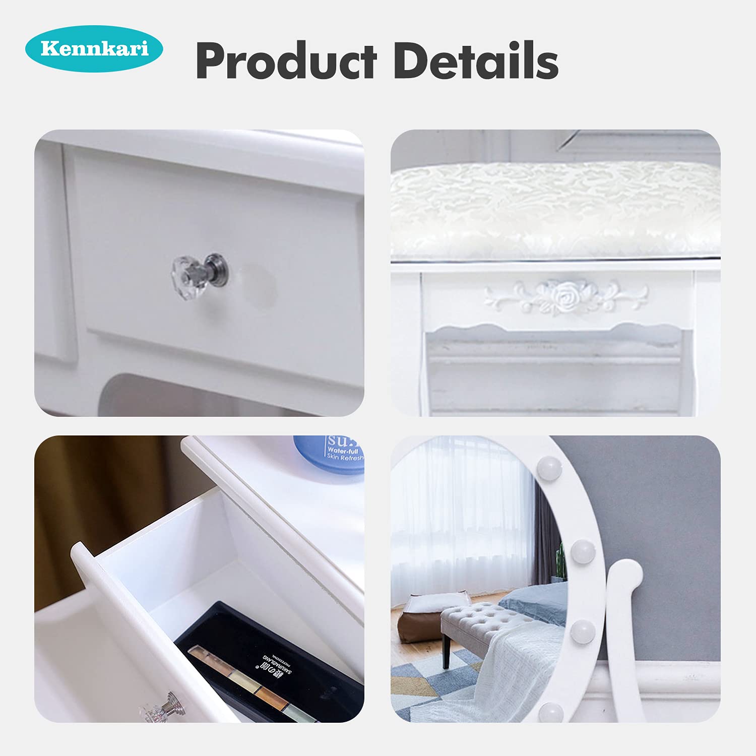 White Makeup Vanity Desk and Stool Set with LED Mirror - Small Dressing Table for Bedroom, Perfect for Beauty Routine & Makeup Application