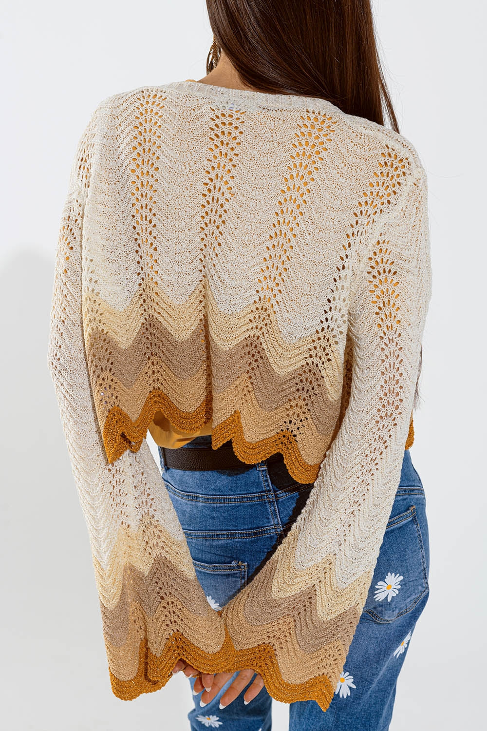 Beige Angel Sleeve Knit Cardigan with Multicolor Wave Design - Perfect for Casual Outfits, Office Wear, and Cozy Evenings