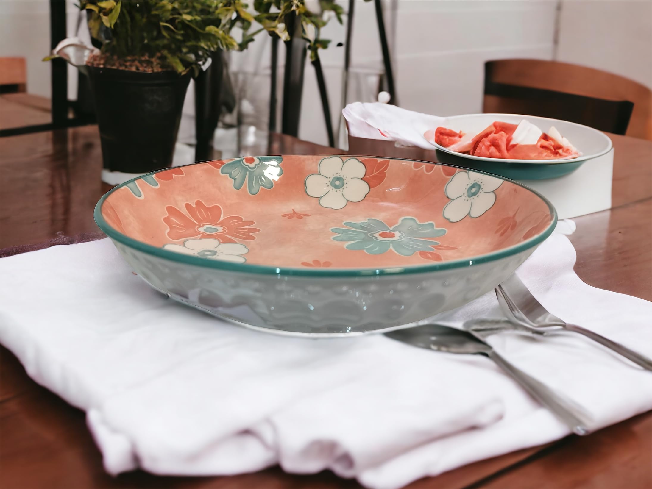 Lemon Tree Ceramic Serving Plate - 20 cm Round Deep Dish for Salad, Pasta & Snacks | Microwave, Dishwasher & Oven Safe Dinnerware | Perfect for Kitchen, Dining Room & Party Entertaining (Pink)