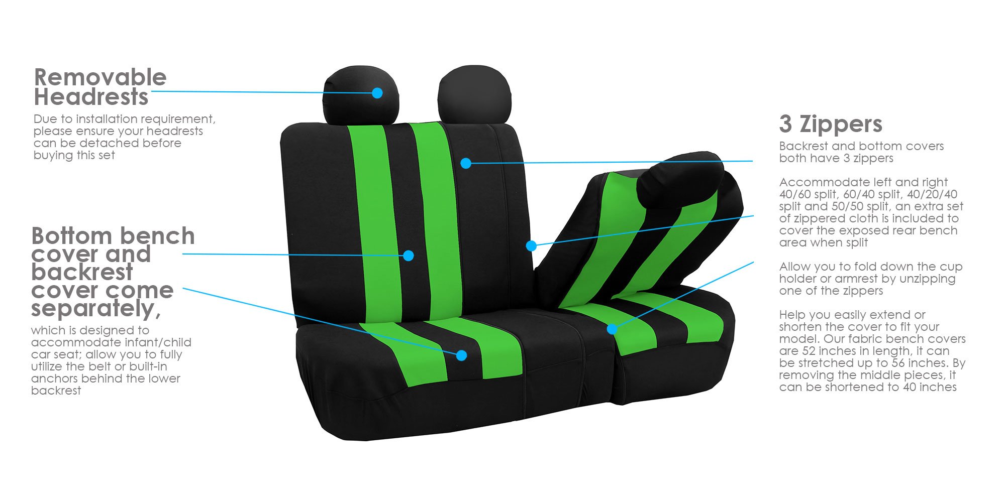 Premium FH Group Car Seat Covers - Breathable Full Set Green Striped Design | Universal Fit for Cars, Trucks & SUVs | Airbag Compatible & Split Rear Seat | Durable Interior Accessories for Daily Commute & Road Trips