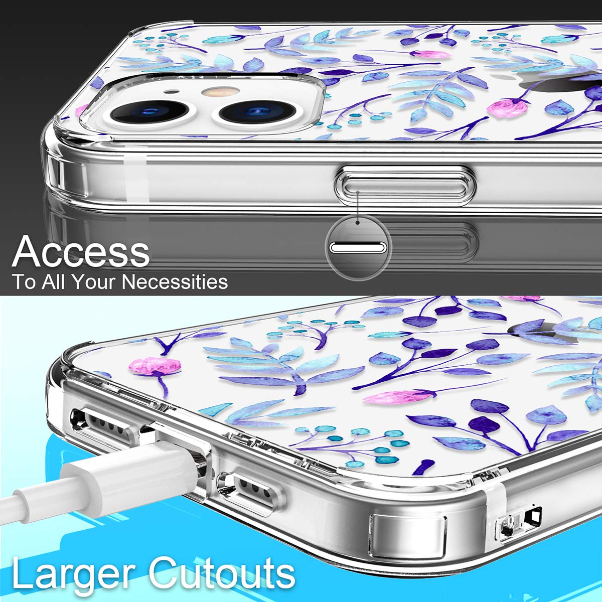 GiiKa Clear Full Body Protective Case for iPhone 12 & iPhone 12 Pro - Shockproof Hard Cover with TPU Bumper, Blue Floral Design - Perfect for Women & Girls, Everyday Use & Gift Giving