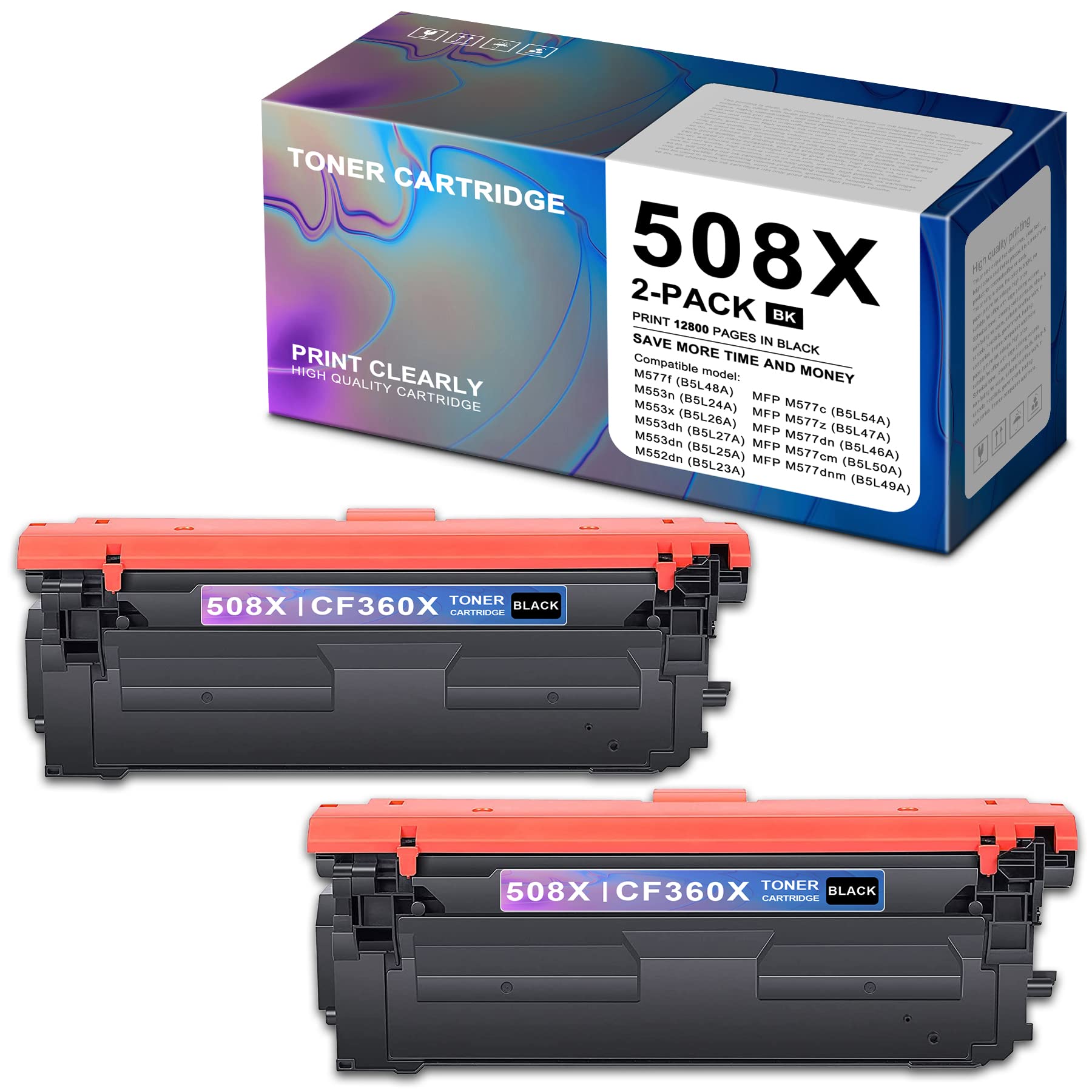 2-Pack Black 508X/CF360X Compatible Toner Cartridge Replacement for HP Color LaserJet M553dn M553x M553dh M577dn M552dn M553n MFP M577z M577f M577c Printers | High-Yield Printing | Office & Home Use