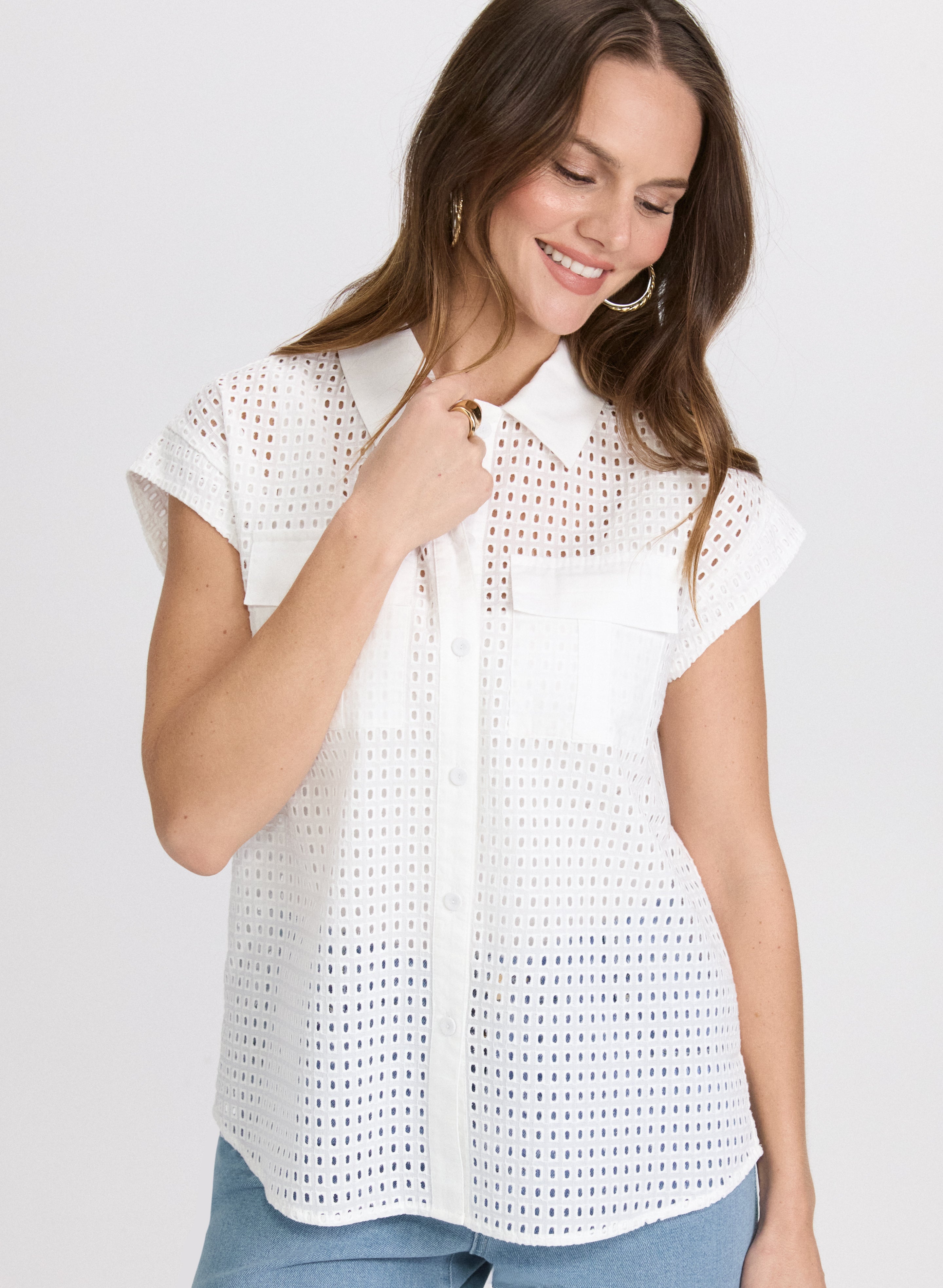 Stylish Eyelet Button Down Blouse for Women | Elegant Lace-Up Casual Shirt | Perfect for Office, Date Night & Summer Outfits