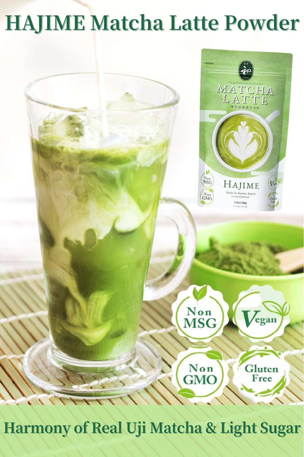 BJDesign Sweetened Matcha Green Tea Powder 'HAJIME' - Authentic Japanese Origin, Non-GMO, Vegan & Gluten Free (1.1lb) - Perfect for Lattes, Baking & Healthy Smoothies